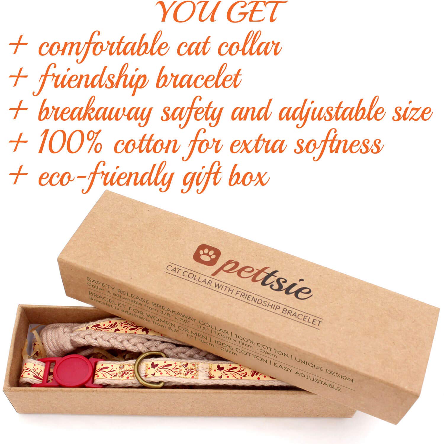 Pettsie Cat Collar Set, Breakaway Safe Buckle, Matching Friendship Bracelet, Pet-Friendly Carton Box For Kitty Lovers, Soft Cotton For Sensitive Skin, Easy Adjustable 7.5-11.5 Inches, Red