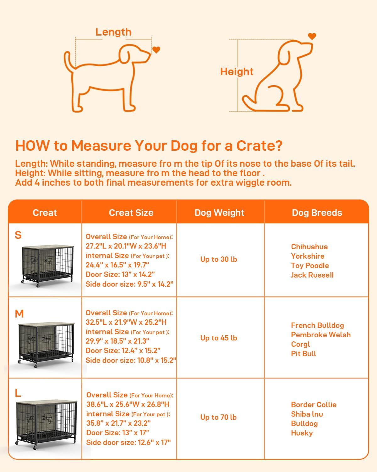 Dog Crate Furniture, 38 Dog Kennel End Table, Wooden Dog Cage with Wheels & Double Doors, Dog Crate Indoor Dog House for Large M