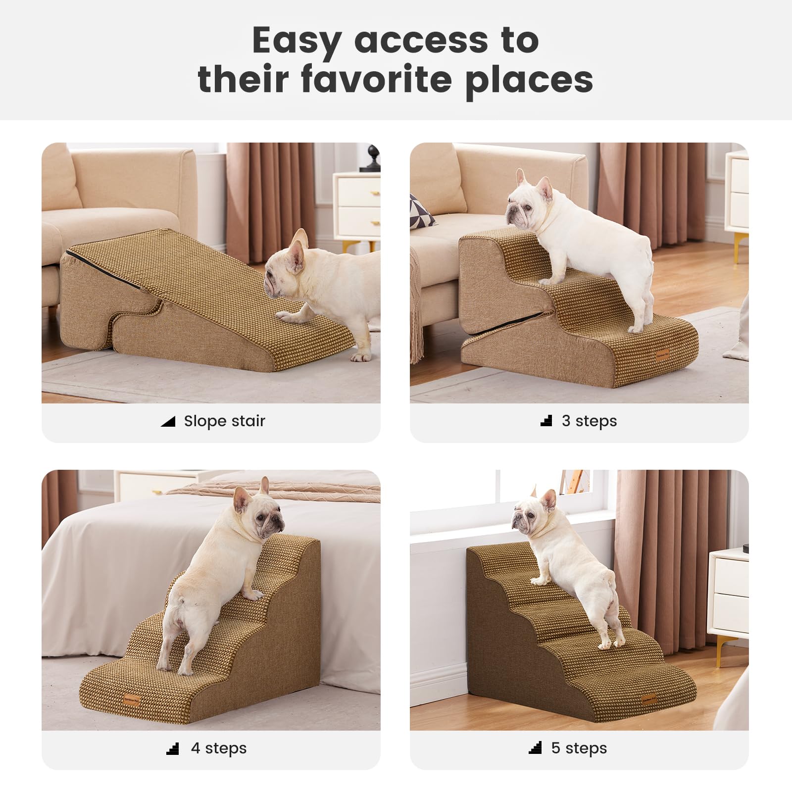 Gardner Pet Dog Stairs for Small Dogs 19.7 H, 4-Step Brown Curved Pet Stairs, Dog Steps for High Bed (18-24 in), Couch with Dura
