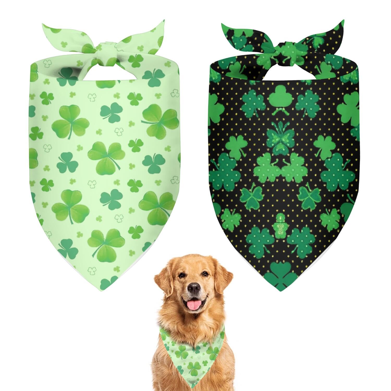 Cute St Patricks Day Dog Bandanas 2 Pack, Green Irish Shamrocks Clover Dog Scarf, Handkerchief Scarves Gifts For Puppy Large Dog