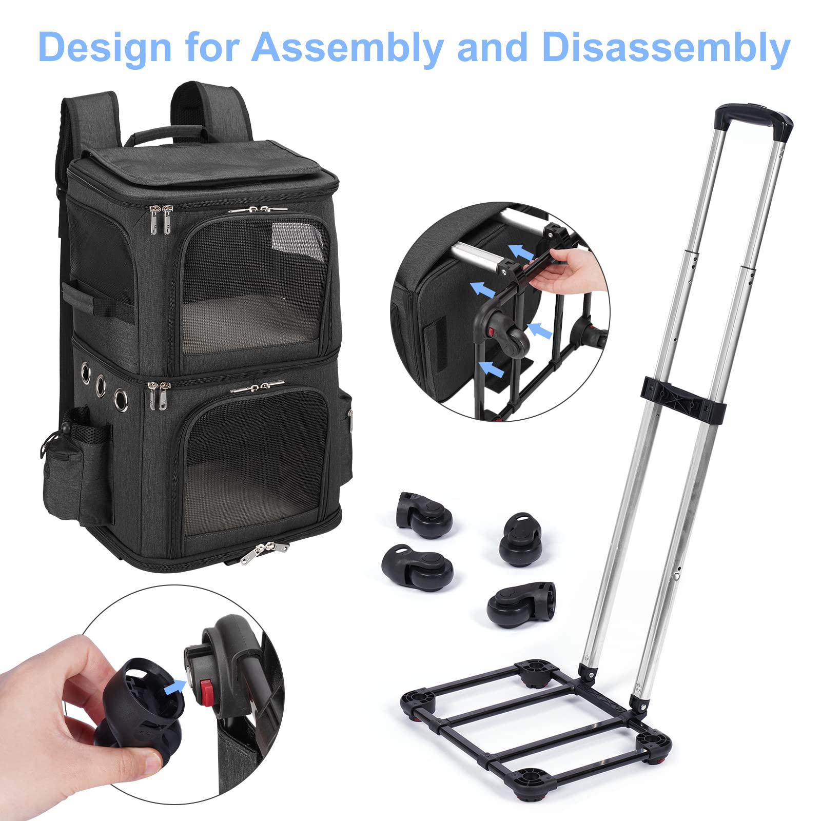 Hovono Double-Compartment Pet Carrier Backpack With Wheels For Small Cats And Dogs, Cat Rolling Carrier For 2 Cats, Perfect For Traveling/Taking A Walk/Trips To The Vet, Black
