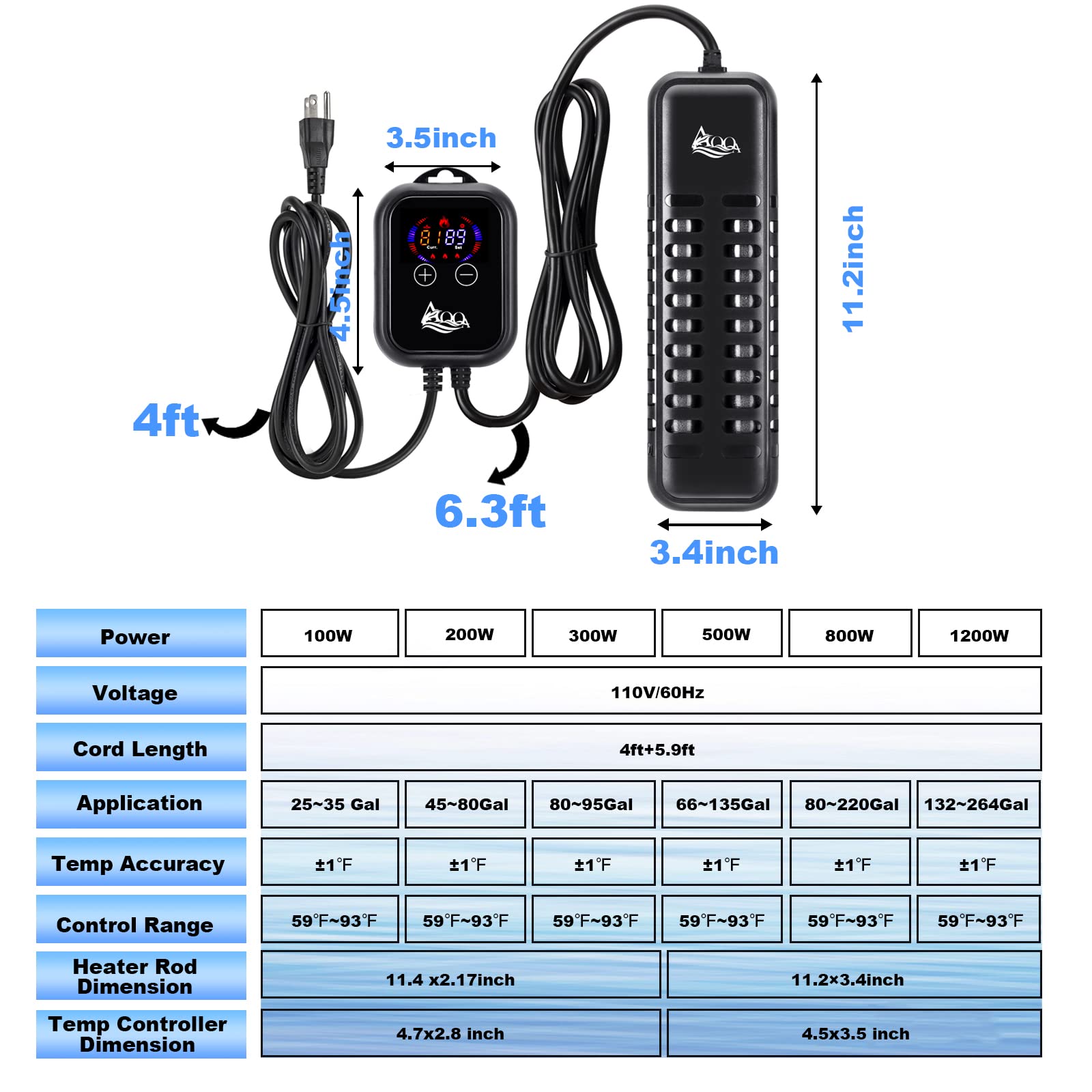 Aqqa Submersible Aquarium Heater,100W/200W/300W/500W/800W/1200W Fish Tank Heater,External Temperature Controller Led Temperature Display With 2 Suction Cups Suitable For Saltwater And Freshwater