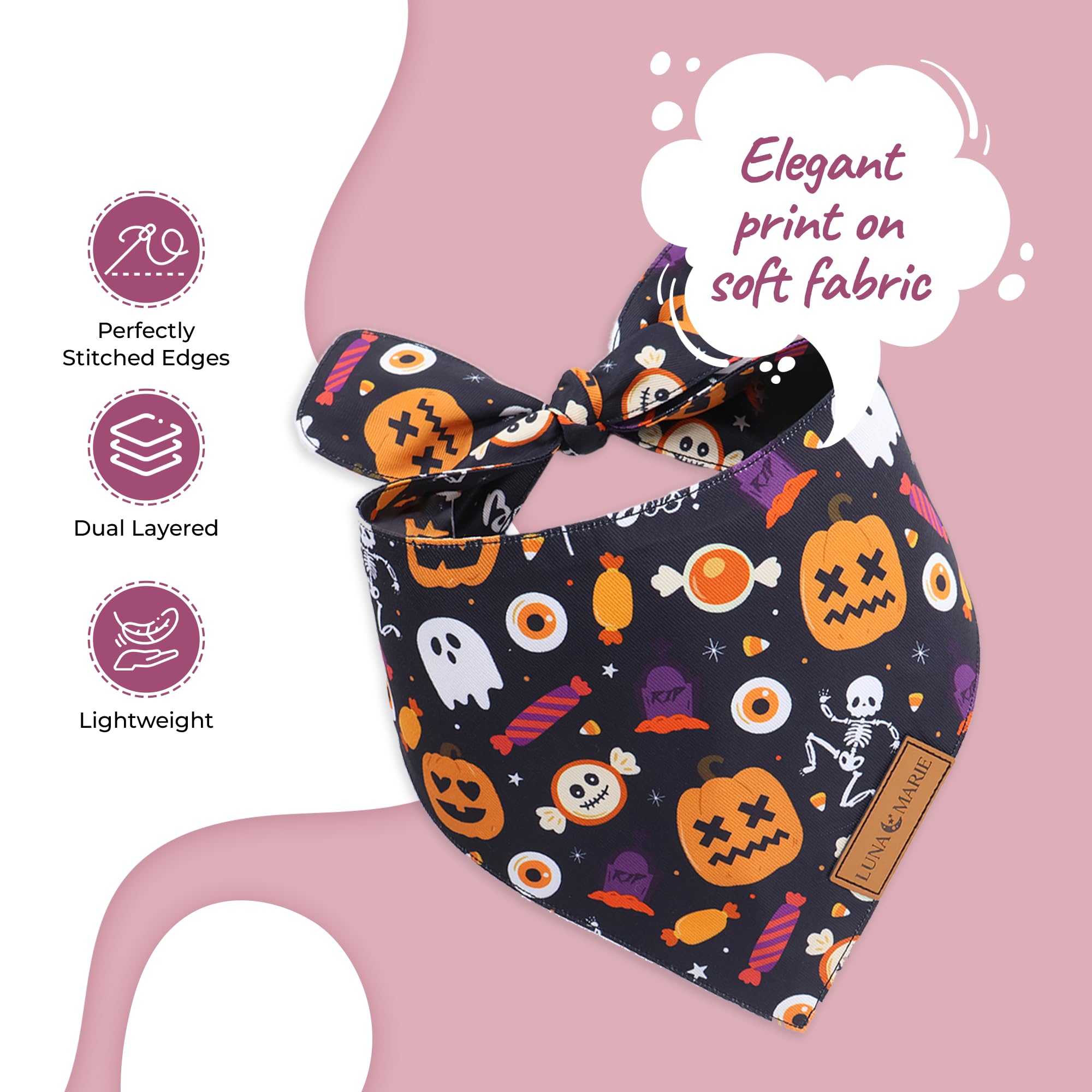 Lunamarie - Luxury Cat And Dog Bandanas - Halloween Designs | Premium Silky Poly Fabric | 100% Handmade Custom Shape Dual Layered Small, Medium, Large Cat Scarf (Trick-Or-Treat, Medium)