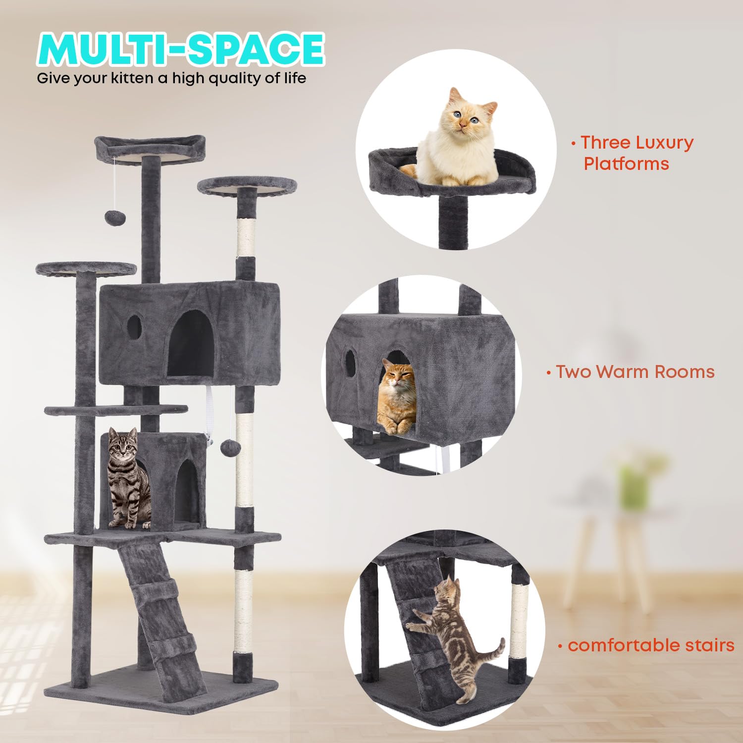 Fdw Cat Tree 70In Cat Tower Multi-Level Durable Cat Scratching Post & Cozy Fun Cat Jumping Platform Space Saving Cat Condo Pet P