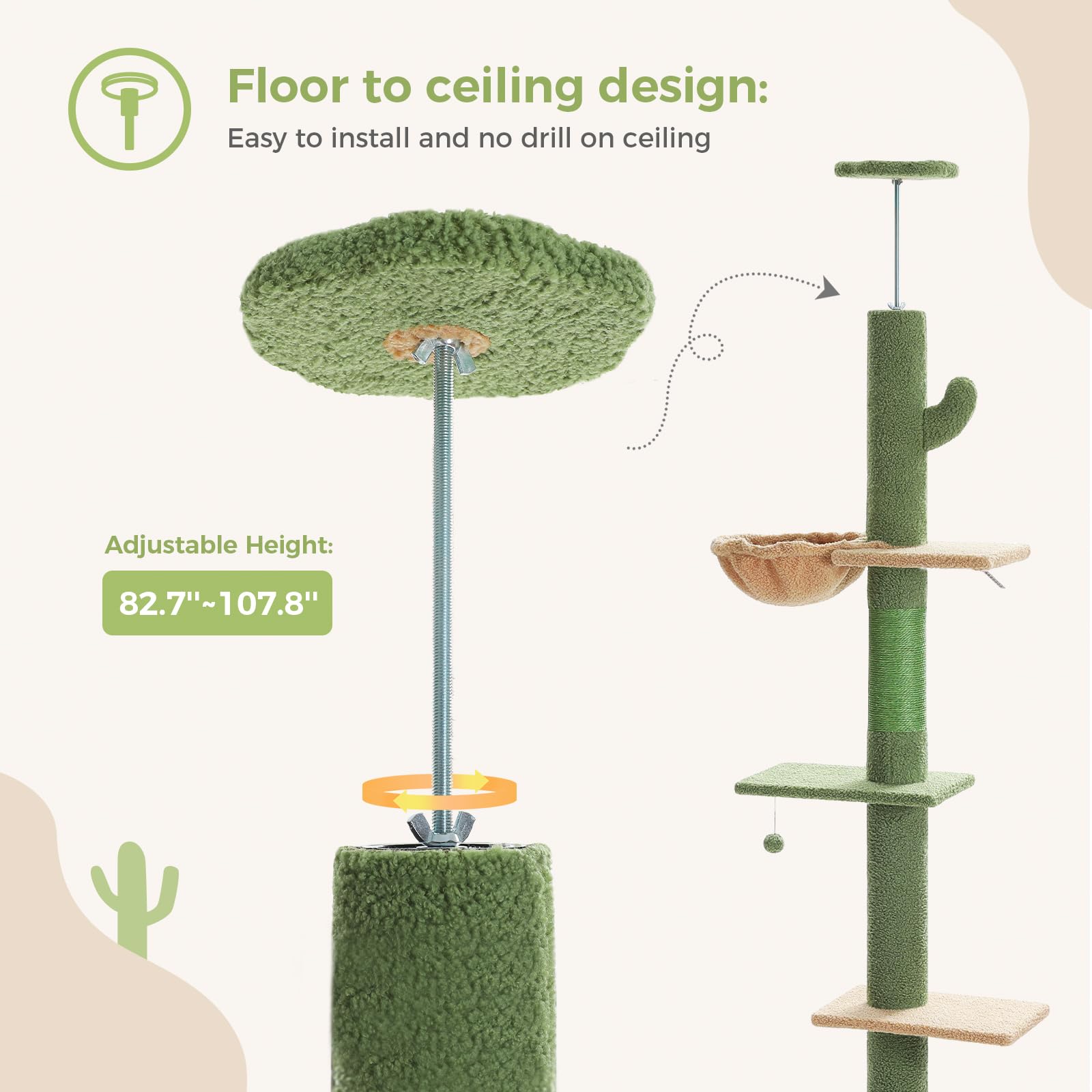 Pequlti Cat Tree Floor To Ceiling,Cactus Tall Cat Tower, Adjustable Height (83''-108'') 5 Tiers Climbing Tree For Indoor Cats Wi