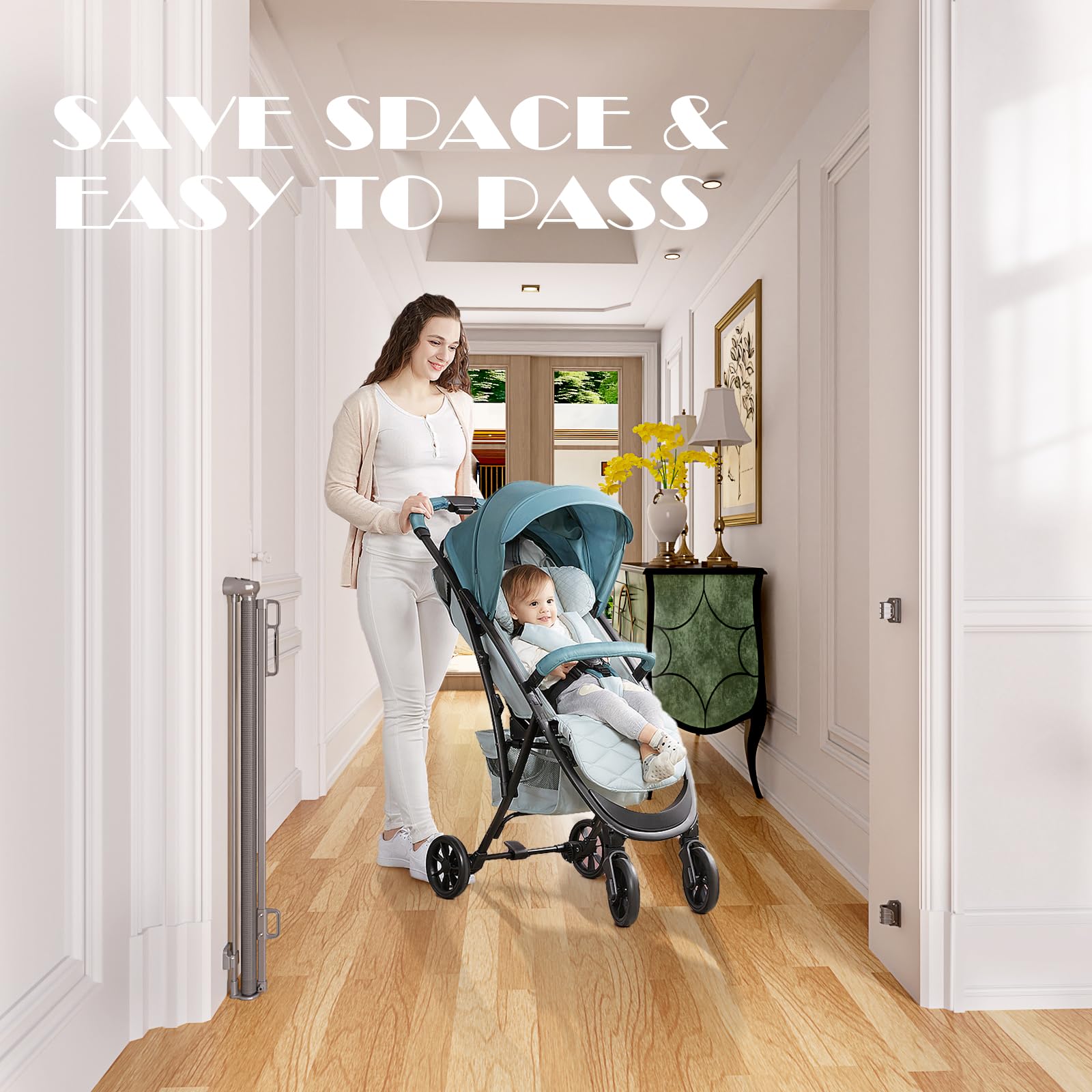 Babepai Retractable Baby Gates Extra Wide | 55' Wide X 38' Tall Dog Gates For Stairs | Indoor/Outdoor Use | Child Gates For Doorways, Deck, Porch, Hallways, Patio - Gray