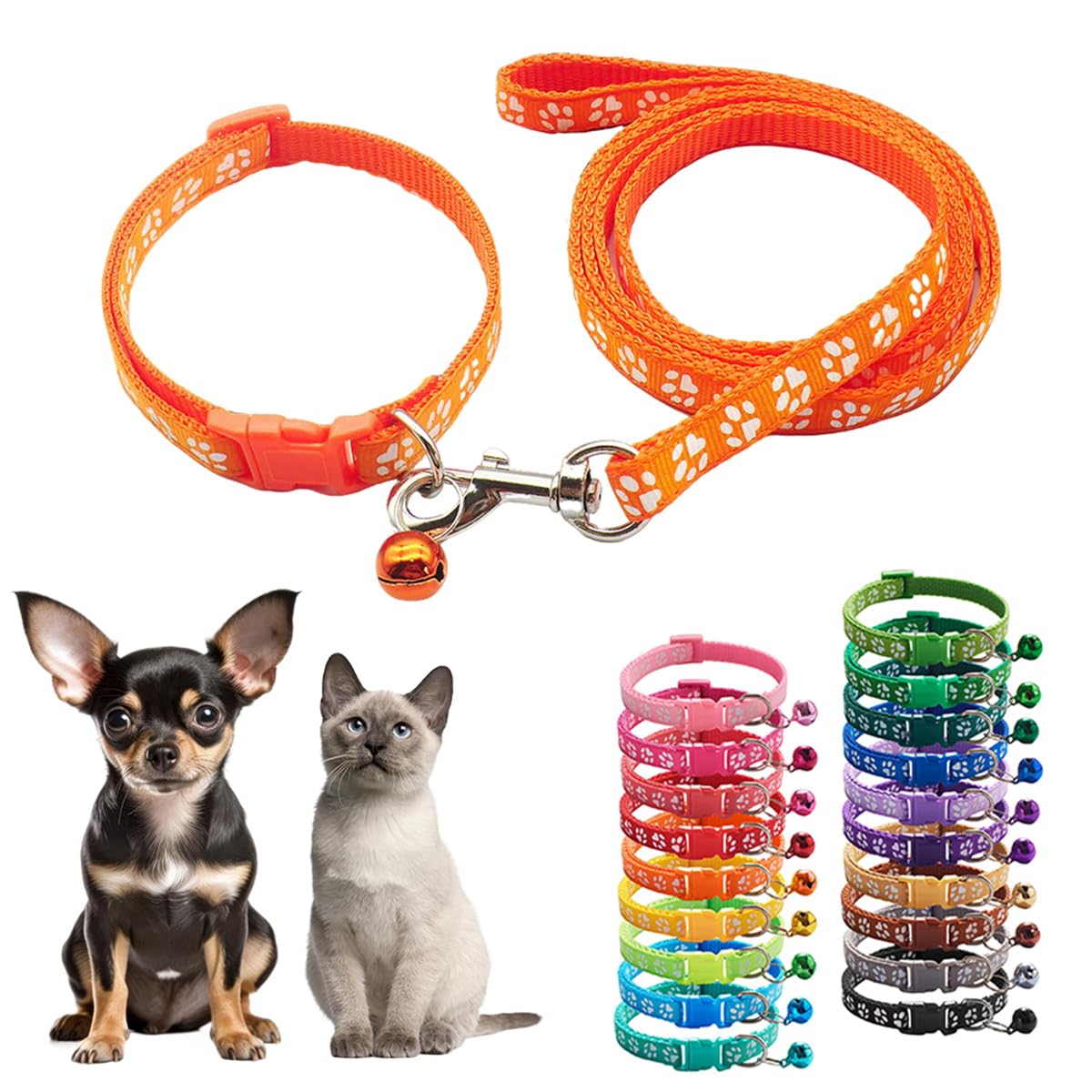 Puppy Collar And Leash Set With Bell,Orange Nylon Paw Cat Collar Girl Female Cute Fancy Small Dog Collar With Bells For Xxs Xs T