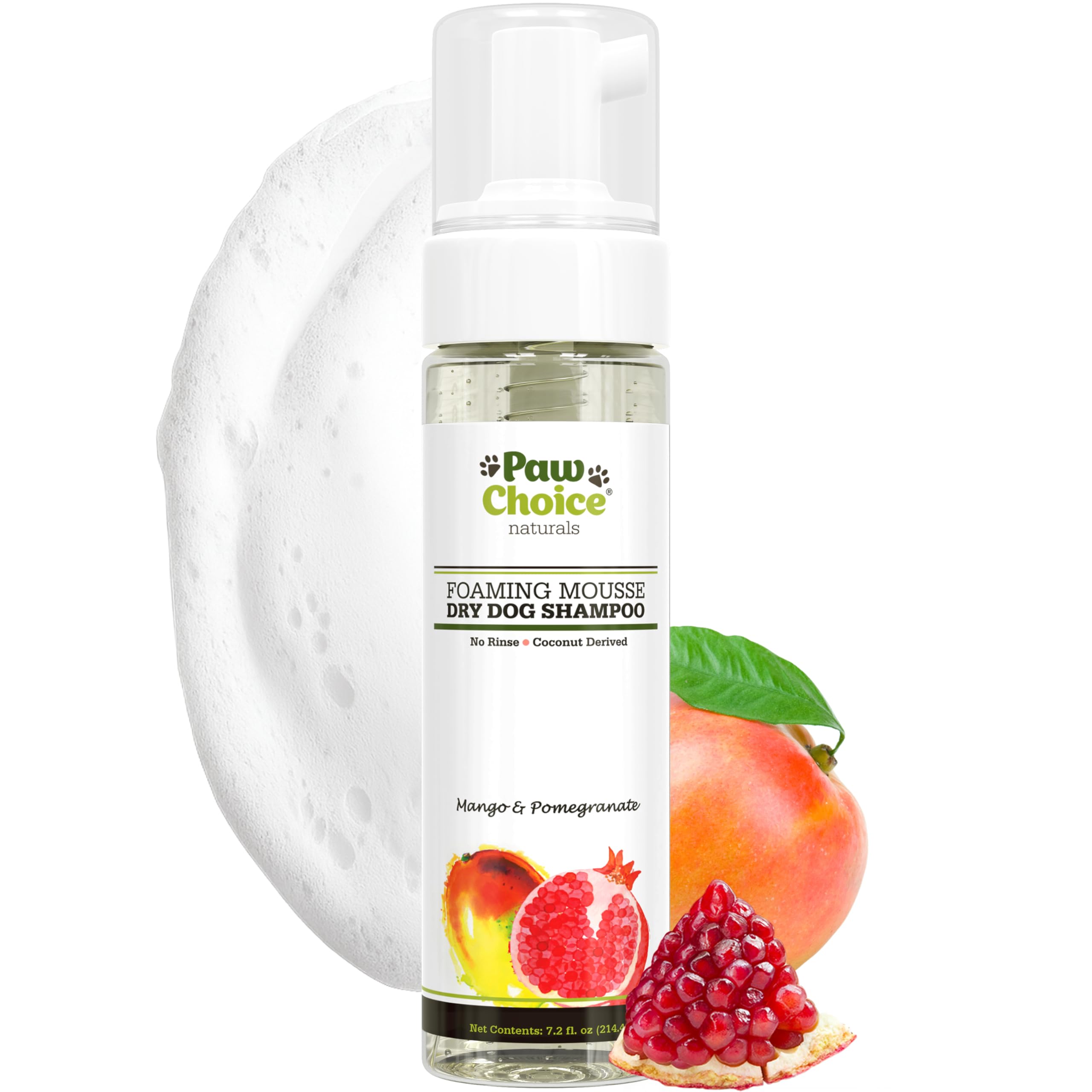 Paw Choice Dry Shampoo For Dogs - Waterless No-Rinse Foam For Odor Removal, Cleaning, Conditioning - Hypoallergenic, Natural - Safe For Sensitive Skin - Made In Usa - Mango Pomegranate Scent