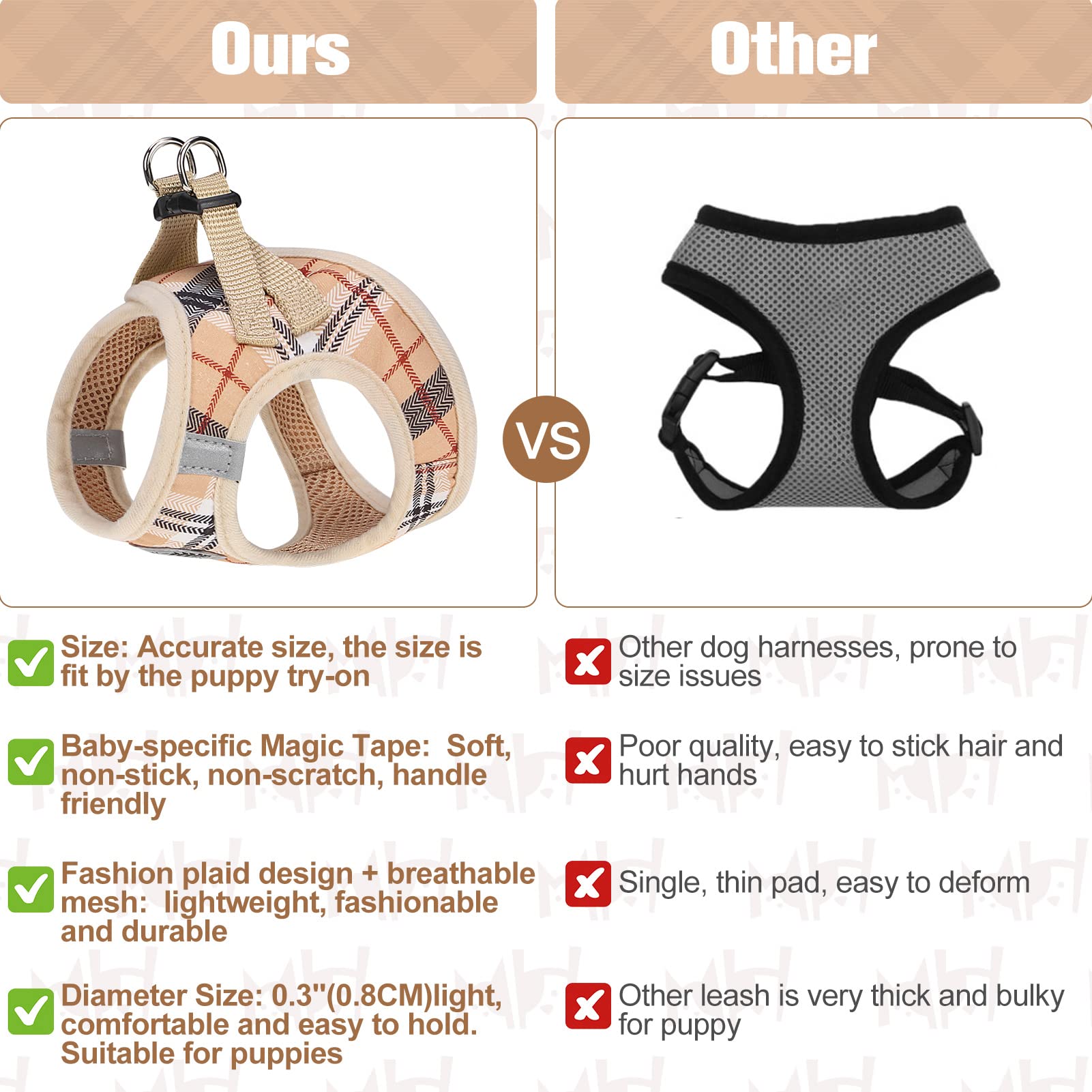 Beautyzoo Small Dog Harness And Leash Set,Step In No Chock No Pull Soft Mesh Dog Harnesses Reflective For Extra-Small/Small Medium Puppy Dogs And Cats, Plaid Dog Vest Harness For Xs S Pets, Beige Xxs