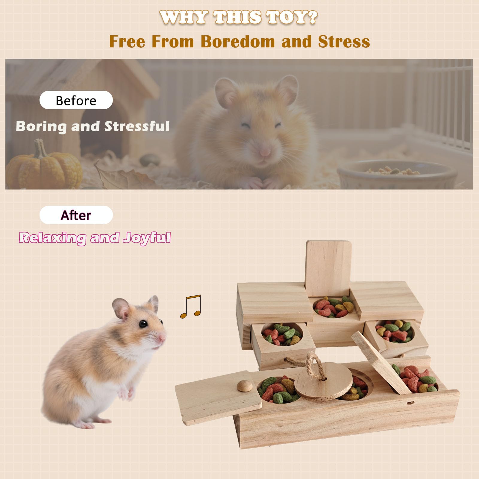 JINYOND 2 PCS Wooden Foraging Toys for Guinea Pigs Hamsters Chinchillas Natural Pinewood Puzzle Feeder with Drawers & Ropes Smal