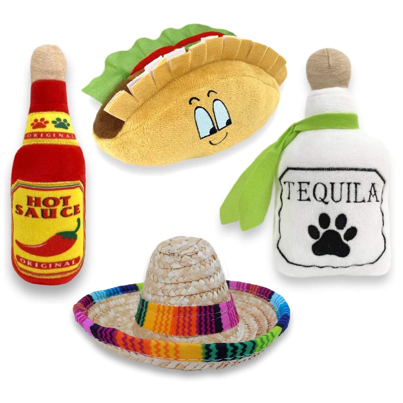 Baja Ponchos 4 Pack Fiesta Dog Chew Toys And Sombrero - Mexican Squeak Plush Toys - Dog Gifts For Chihuahuas - Taco - Tequila - 