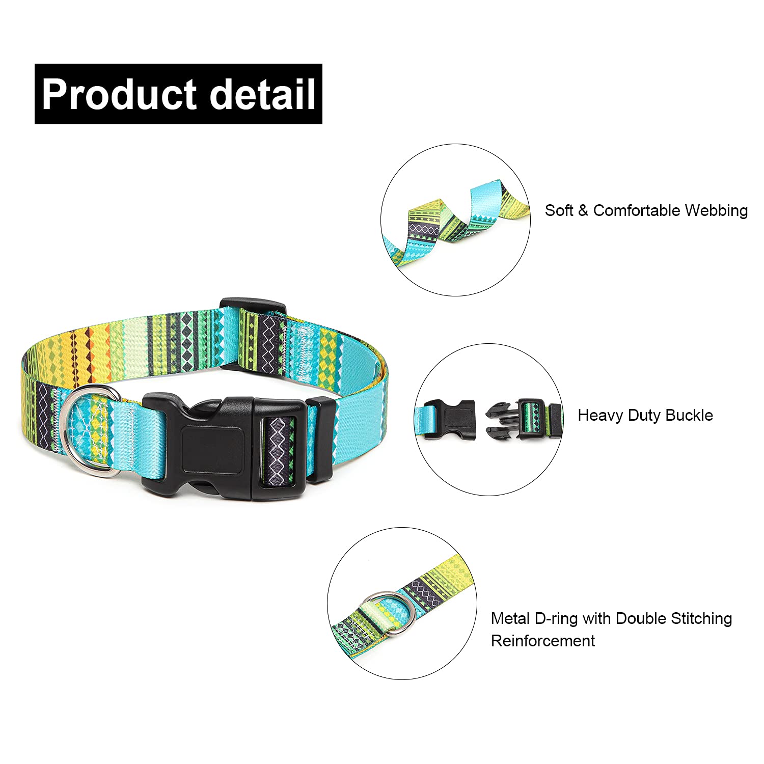Suredoo Adjustable Dog Collar With Patterns, Ultra Comfy Soft Nylon Breathable Pet Collar For Small Medium Large Dogs (M, Bohemian Yellow)