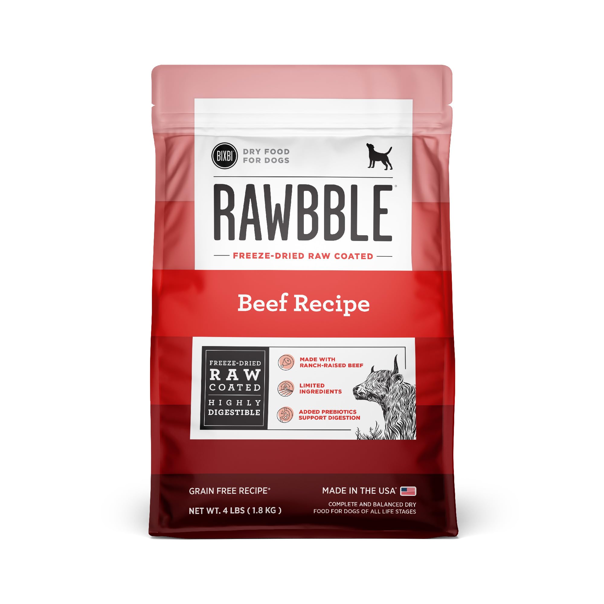 BIXBI Rawbble Dry Dog Food, Beef, 4 lbs - USA Made with No Meat Meals or Fillers - Freeze Dried Raw Coated Dog Food - Industry L
