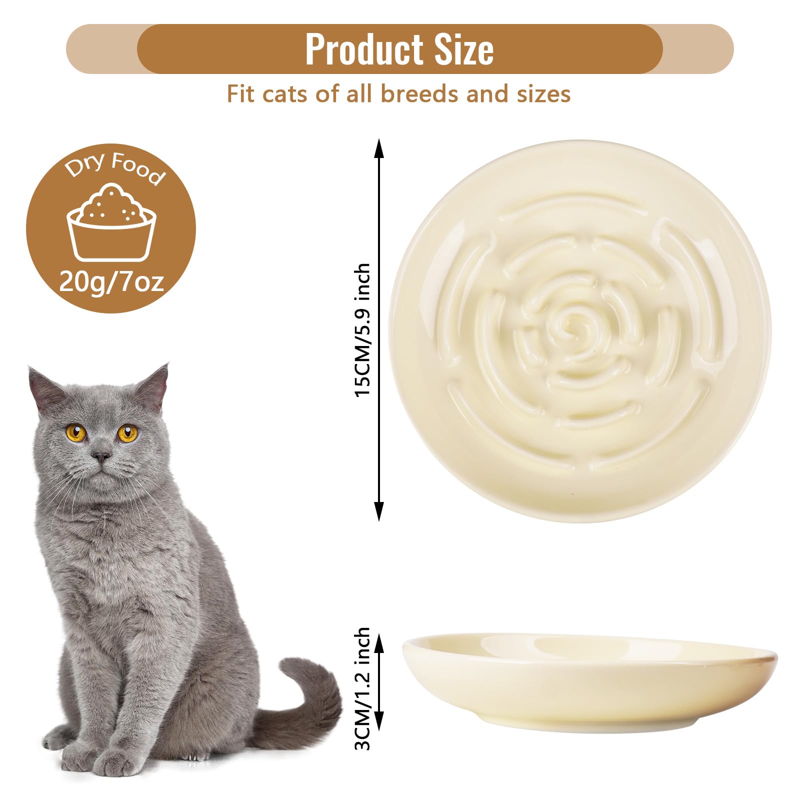 Lfpkixise Slow Feeder Cat Bowl Set of 2, Ceramic, Whisker Friendly, Anti-Vomiting, Cream, Model SL-bowls-0717-02
