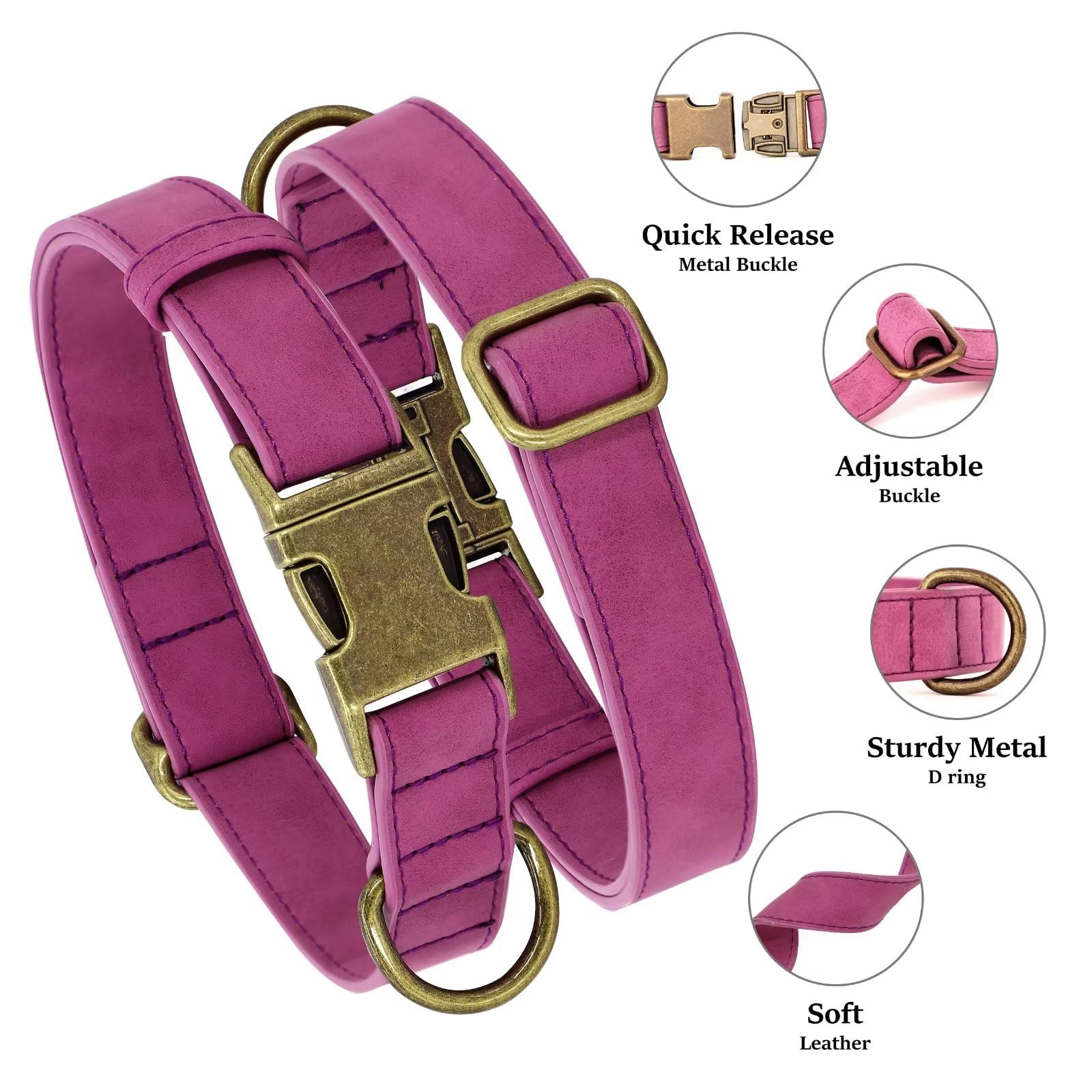 Didog Soft Leather Dog Collar, Durable Quick Released Pet Collars With Metal Buckle, Adjustable Purple Dog Collar Faux Leather F