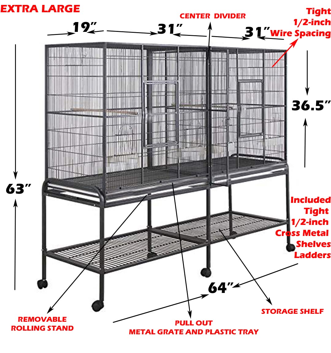 Double Extra Large 3-Tiers Small Animals Critters Wrought Iron Cage Tight 1/2-inch Bar Spacing Center Divider Removable Rolling