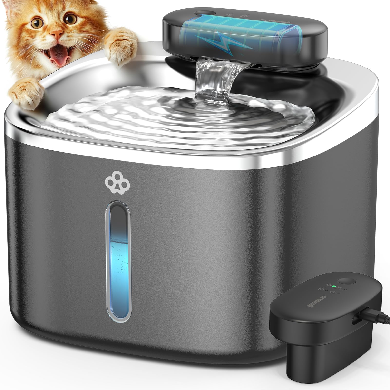oneisall Cat Water Fountain, 3.5L/118oz Battery Operated Pet Fountain Stainless Steel, Automatic Water Fountains for Cats Indoor