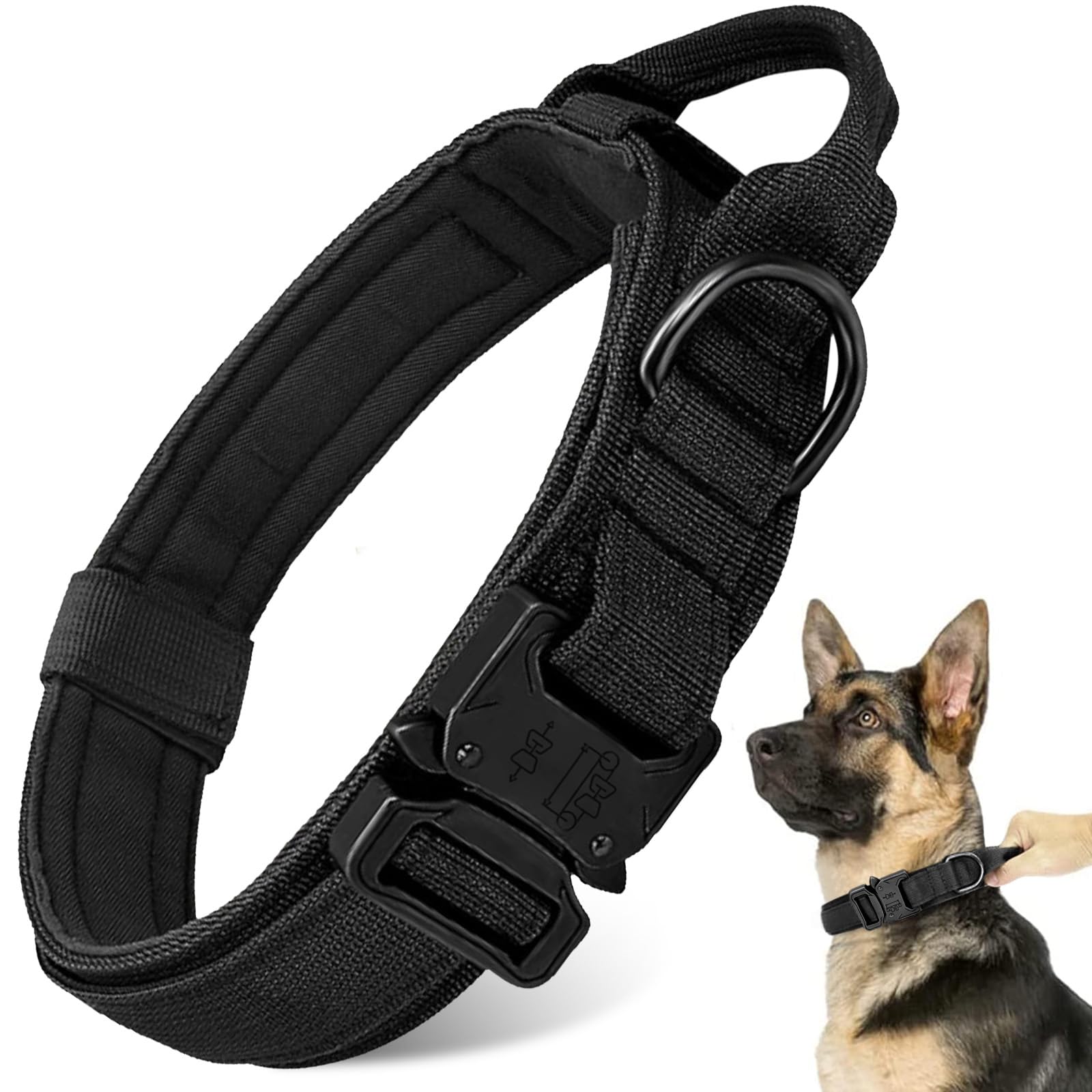Tactical Military Dog Collar - Adjustable Heavy Duty Metal Buckle Nylon Collar With Control Handle For Small To Large Dogs (Blac