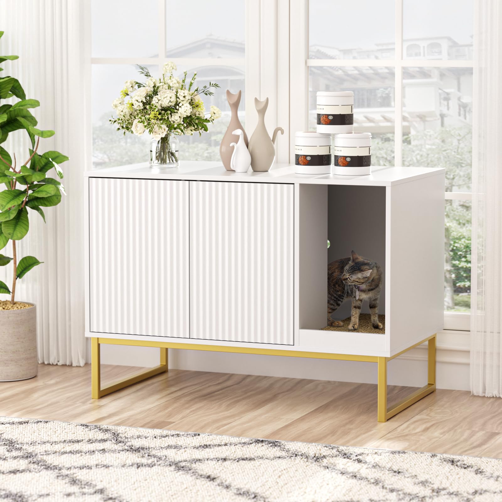Cat Litter Box Enclosure, Fluted Hidden Litter Box Furniture With Scratch Pad And Metal Legs, Modern Enclosed Cat Cabinet, 31.5 
