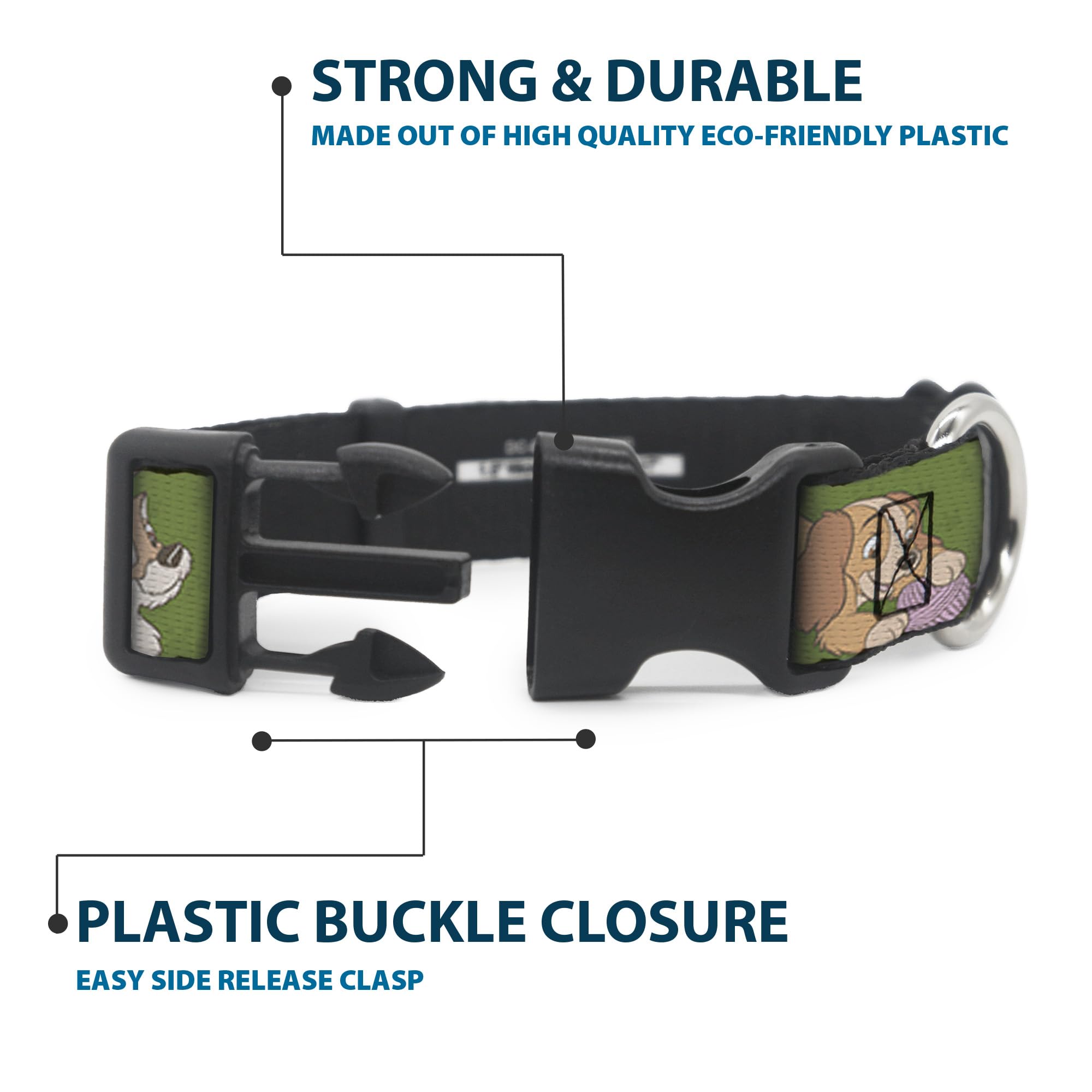 Buckle-Down Dog Collar Plastic Clip Lady And Tramp 6 Poses Olive Green, Multi Color, 1'' Wide - Fits 9-15'' Neck - Small (Dc