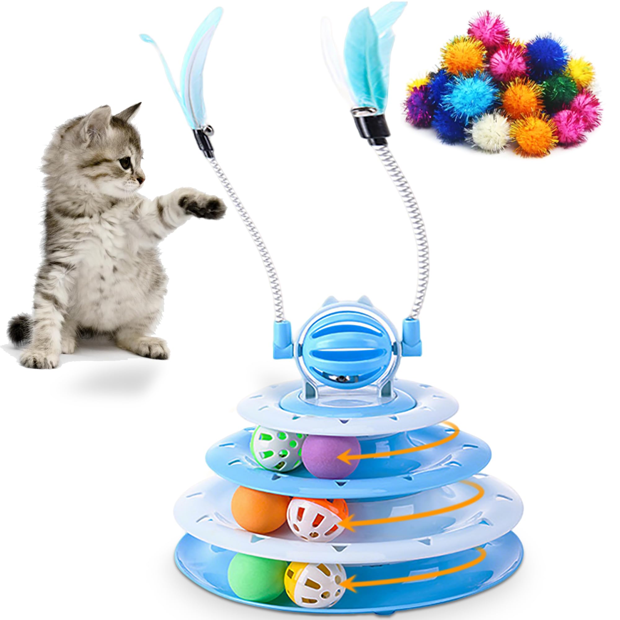 Vealind Cat Toy Roller 4-Level Turntable Cat Toys Balls with 14 Pcs Colorful Pom Pom Balls Interactive Fun Mental Physical Exerc