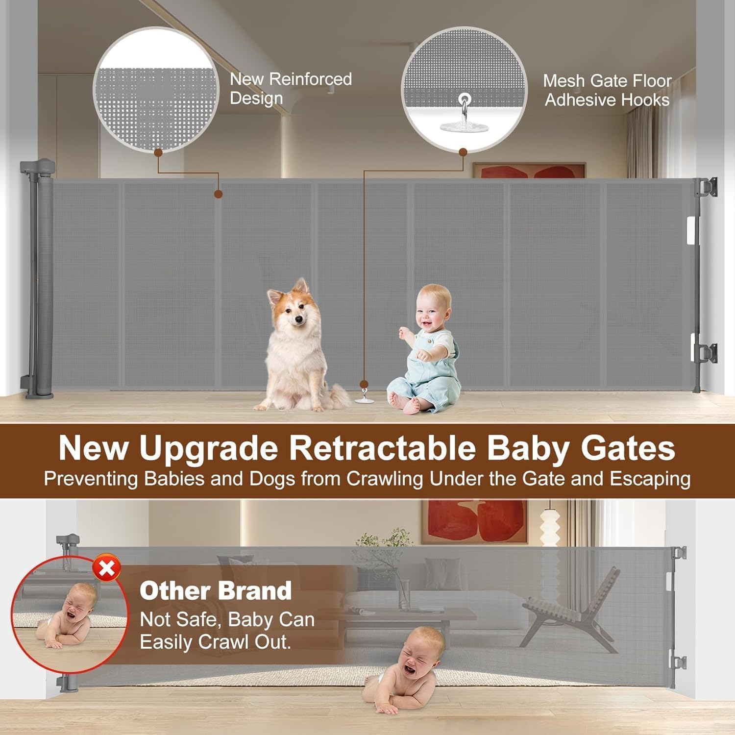 Miumoon 100 inch Retractable Baby Gates 34 inch Tall, Retractable Gate with Reinforced Strip Design to Prevent Crawling Through,