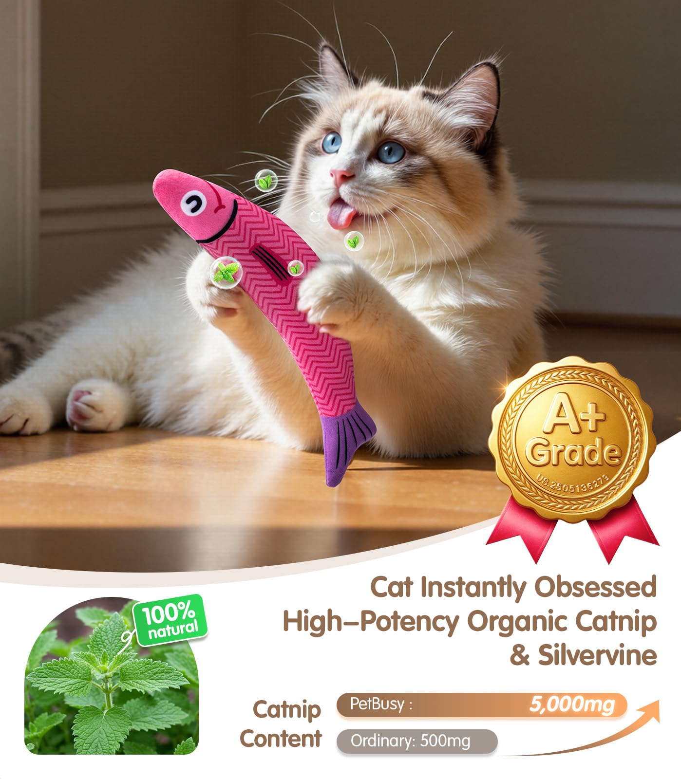 PetBusy Cat Toys - Interactive Soft Chew Kicker with Natural Catnip & Silvervine - Crinkle & Bell Fish Sound - Blue/Pink, Model CFCT-A-01