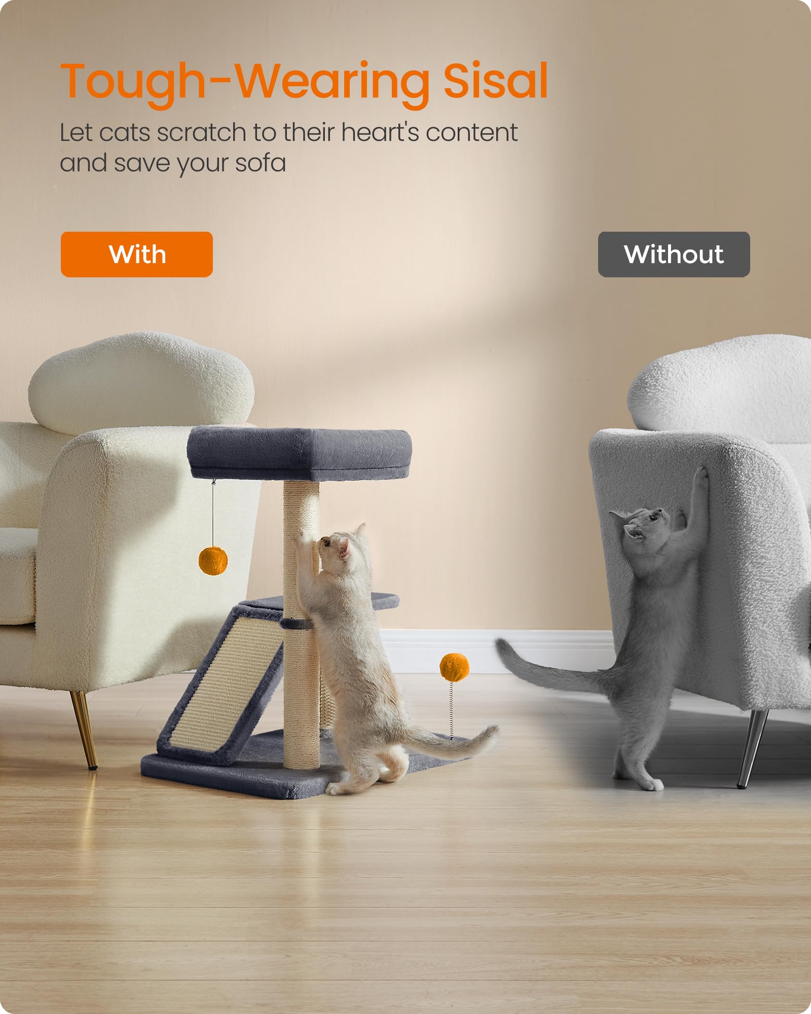 Feandrea Cat Scratching Post With Bed, Multifunctional Cat Scratcher With Perch, Rotatable Ramp, Self-Groomer, Pompoms, Small Ca