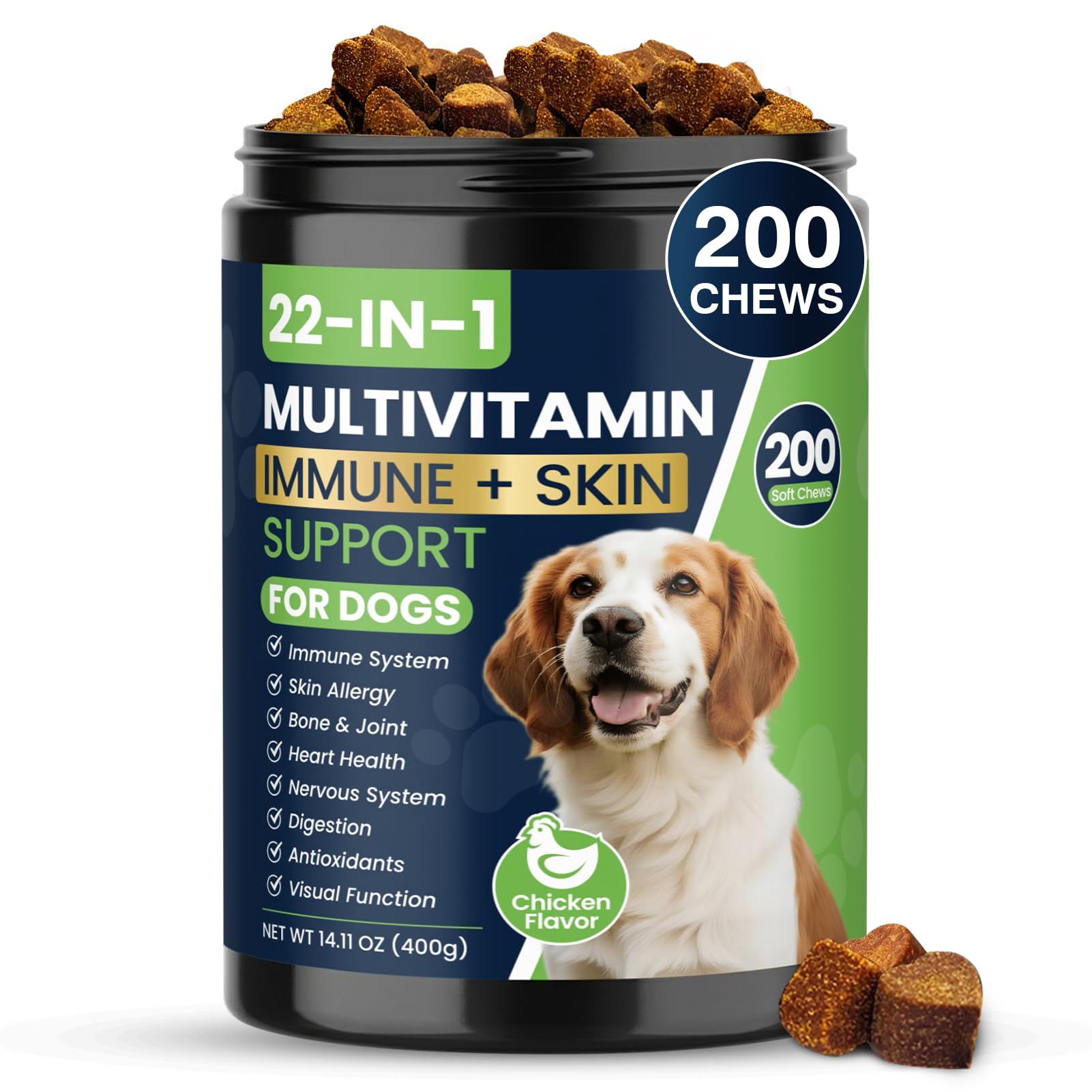 22-in-1 Dog Vitamins and Supplements 200 Chews Dog Multivitamin Chewable Containing Omega-3 Quercetin Probiotics Multivitamin fo