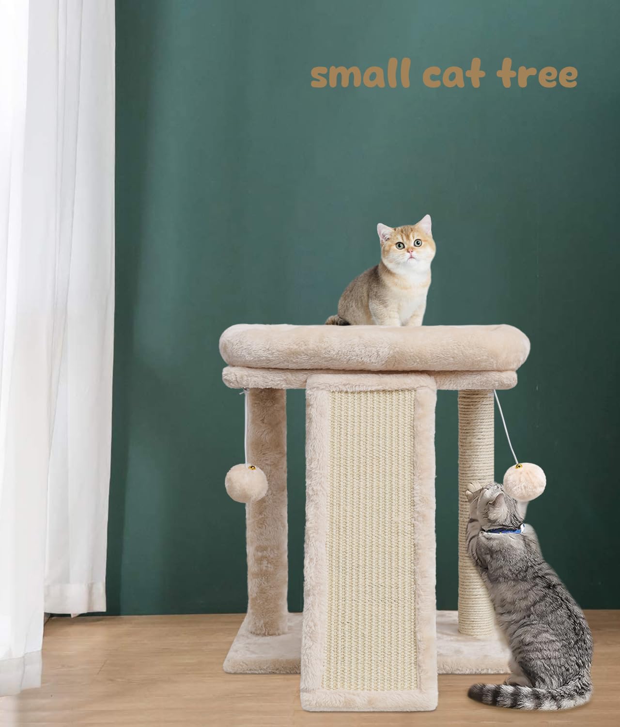 SYANDLVY Cat Tree with Scratching Post & Perch, Beige, Engineered Wood, Model PAT15M, 2 Dangling Balls for Indoor Cats