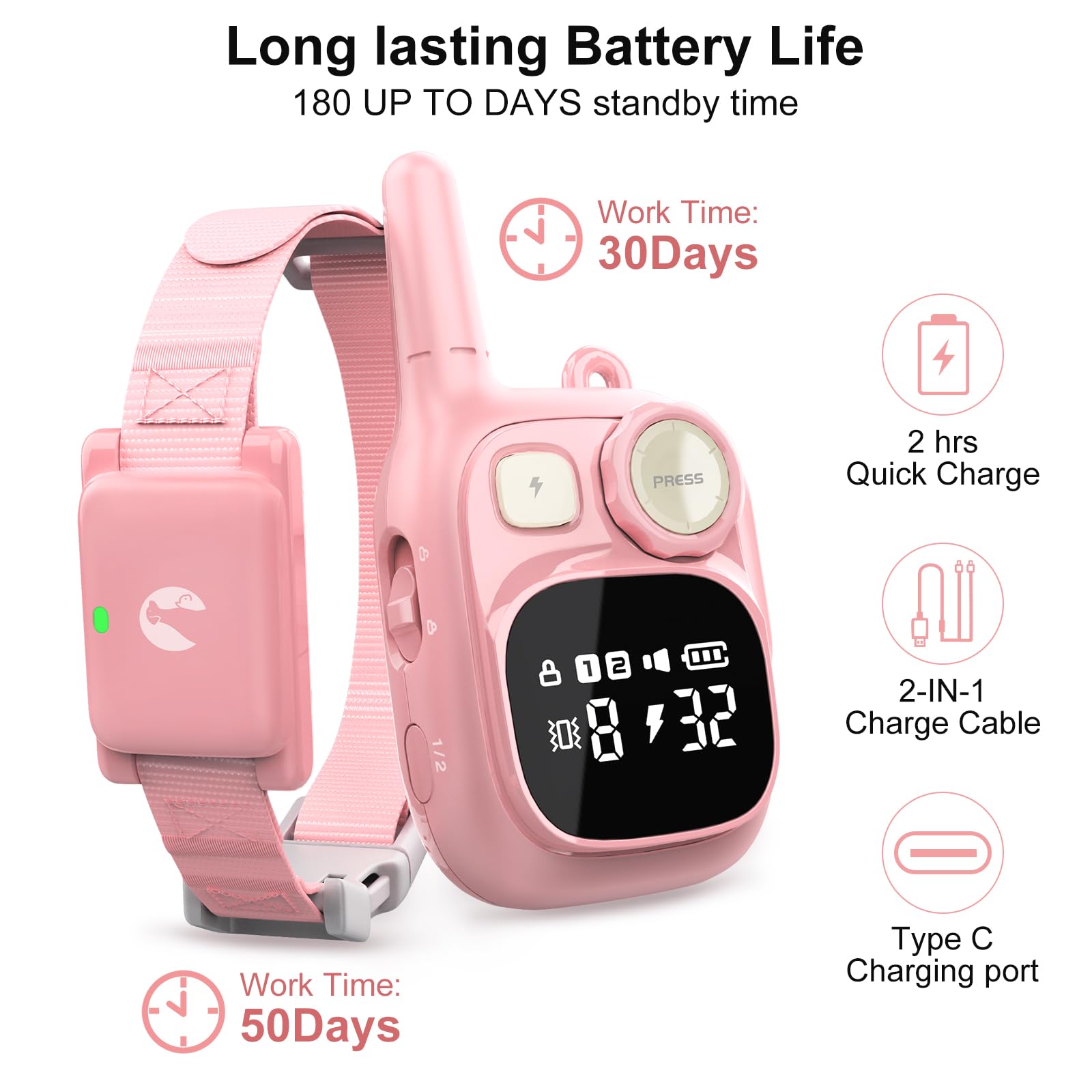 Pikabiu Dog Shock Collar Rechargeable Training Collar With Remote 1800Ft Control, Pink Adjustable Waterproof Electric Collar For