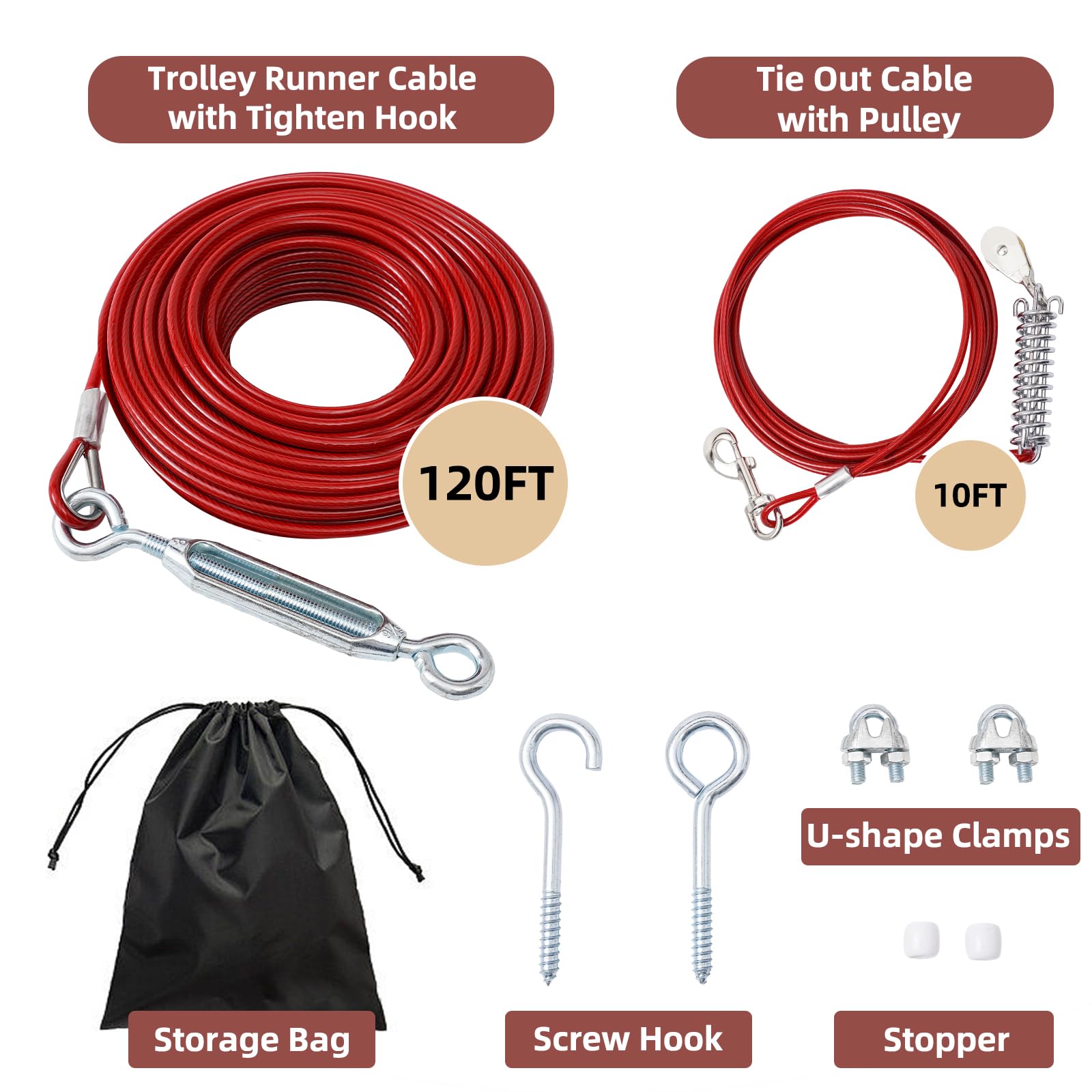 Luffwell Dog Runner System - 120Ft Long Dog Lead With 10Ft Shock Absorption Spring And Pulley For Yard, Park And Outside