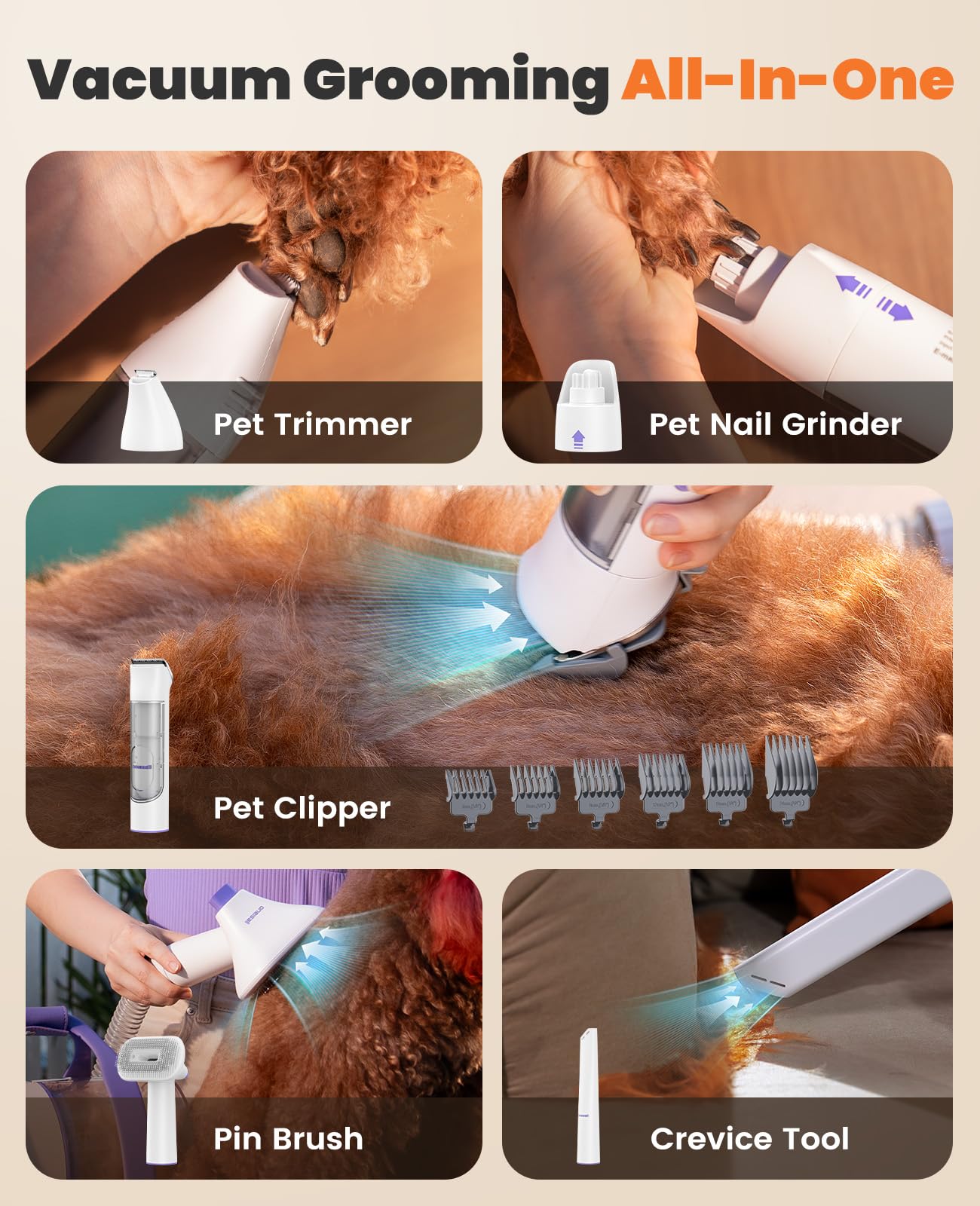 Oneisall Cordless Dog Grooming Vacuum,5200 Mah Dog Grooming Kit With Clippers,Nail Grinder,Trimmer,2L Dustbin For Shedding With