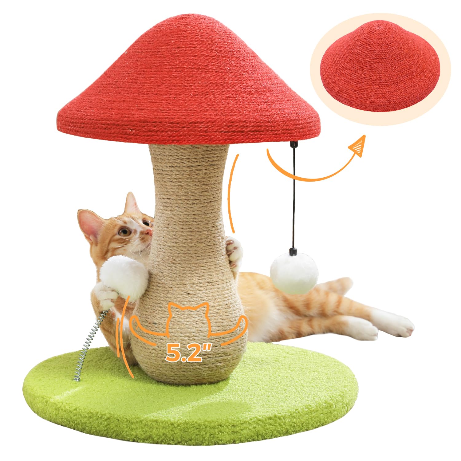 Petepela Mushroom Cat Scratching Post, Cat Scratcher Cute With 100% Sisal Covered Scratching Post & Pompoms Toy, Mushroom Cat Po