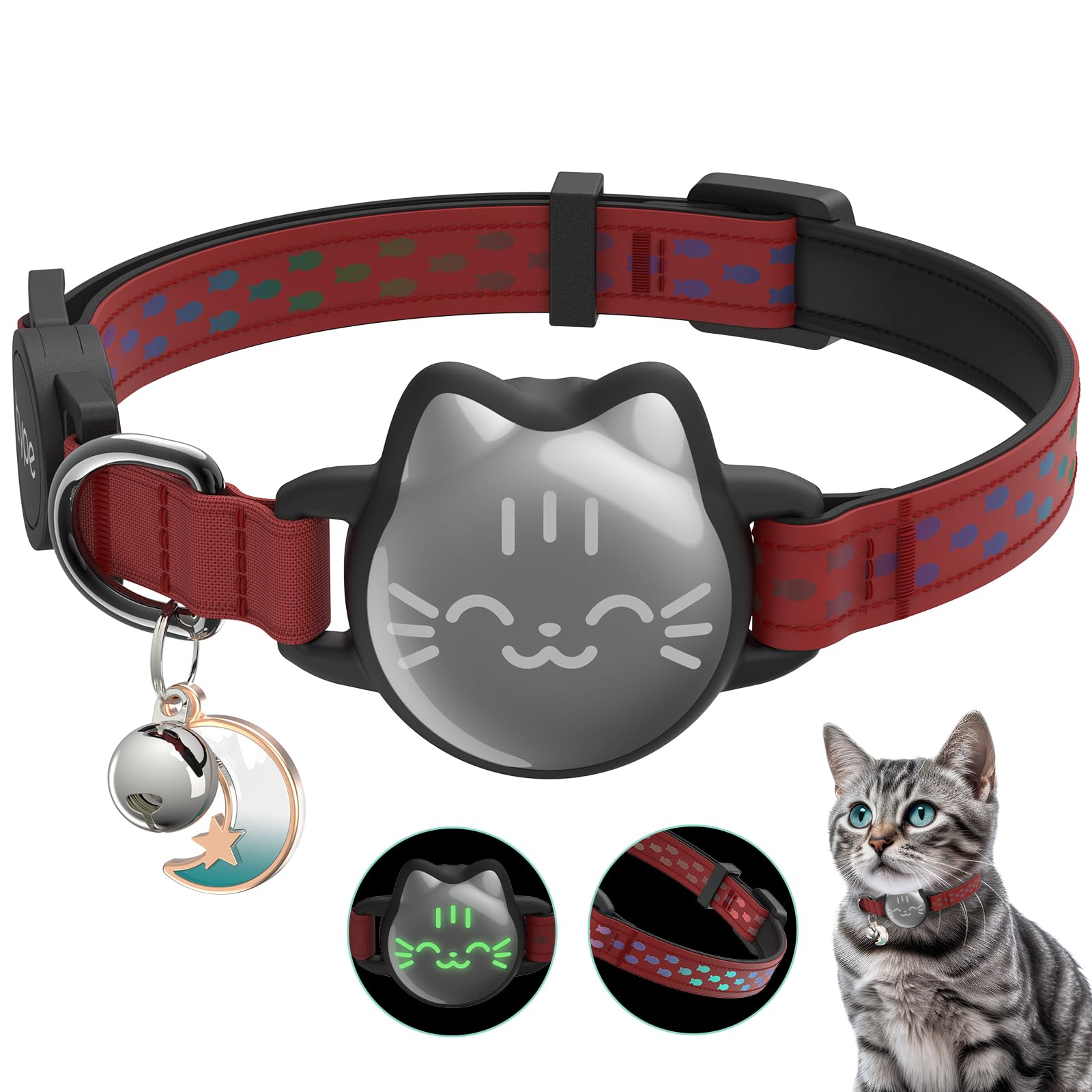 Waterproof Airtag Cat Collar, Breakaway Cat Airtag Collar With Luminous & Reflective Pattern Strap, Lightweight Kitten Collar For Apple Air Tag, Hidden Holder For Gps Tracker - Cats, Kittens (9-13')