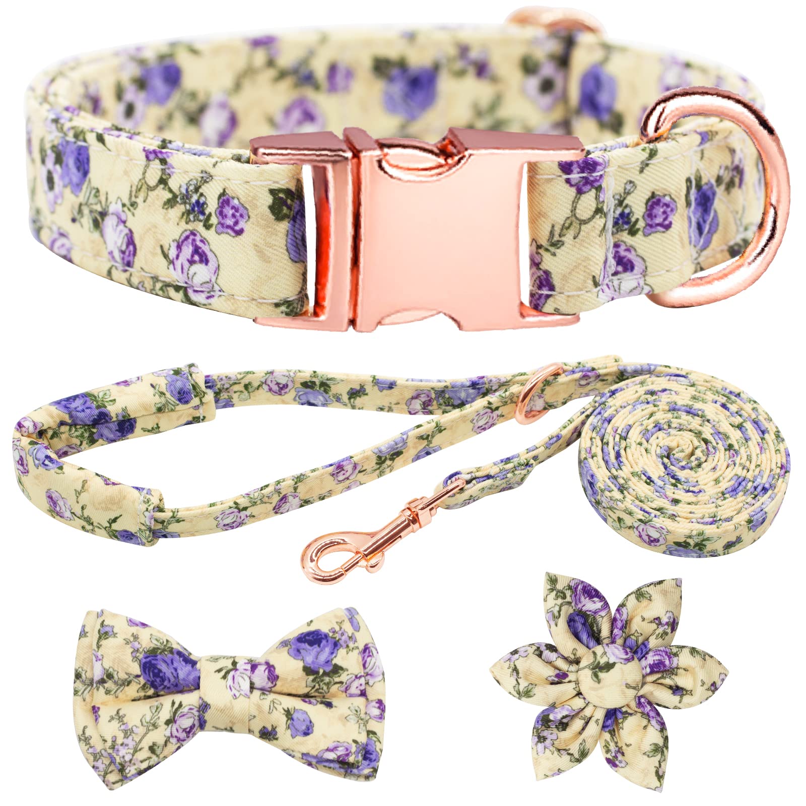 HSIGIO Dog Collar and Leash Set Girls Adjustable Puppy Collars with Floral Bow Tie for Small Medium Large Female Dogs, Purple Ro