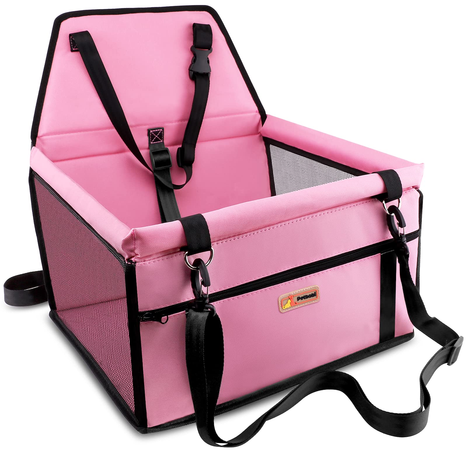 Petbobi Pet Reinforce Car Booster Seat For Dog Cat Portable And Breathable Bag With Seat Belt Dog Carrier Safety Stable For Travel Look Out,With Clip On Leash With Pvc Tube, Pink