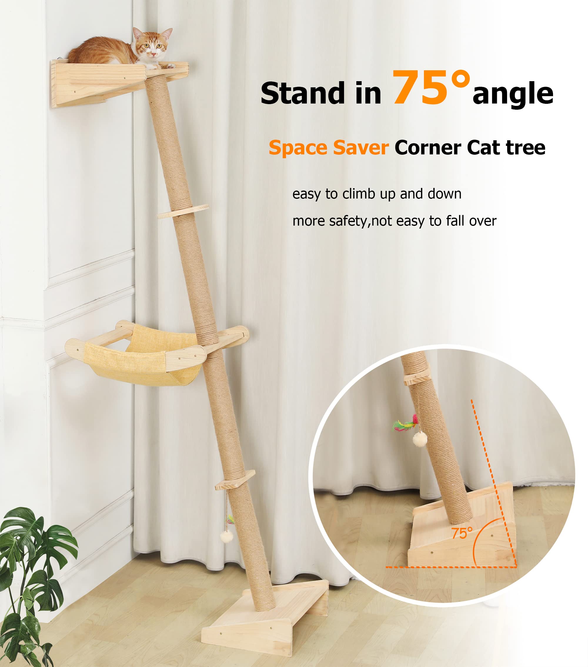 Wall Cat Tree With Hammock, 76'' Tall Cat Wall Furniture Lean Against Wall Cats Climbing Tower For Active Indoor Climbers With S