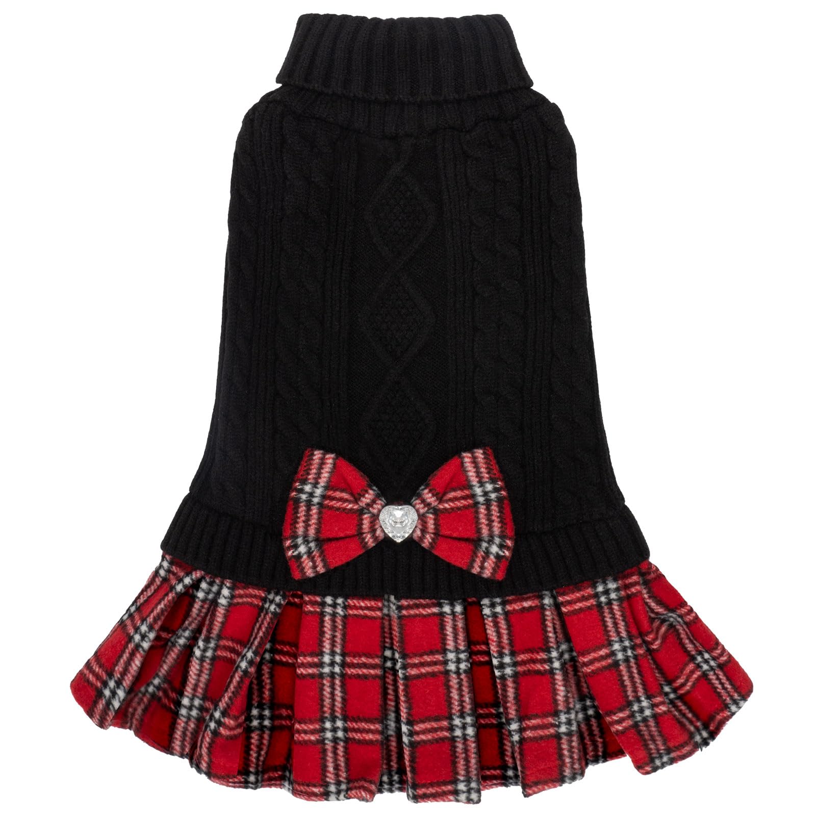 Kyeese Dog Sweater Dress With Leash Hole For Small Dogs With Bowtie Buffalo Check Red Turtleneck Dog Pullover Knitwear Puppy Cat Sweater Black