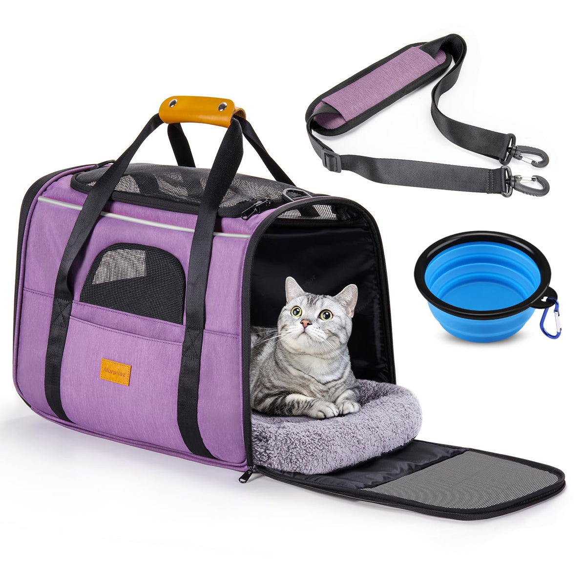 Morpilot Dog Carrier Morpilot Cat Carrier Pet Travel Carrier Bag Airline Approved Folding Fabric Pet Carrier For Small Dogs Puppies Medium Cats, W/Locking Safety Zippers, Foldable Bowl,Light Purple