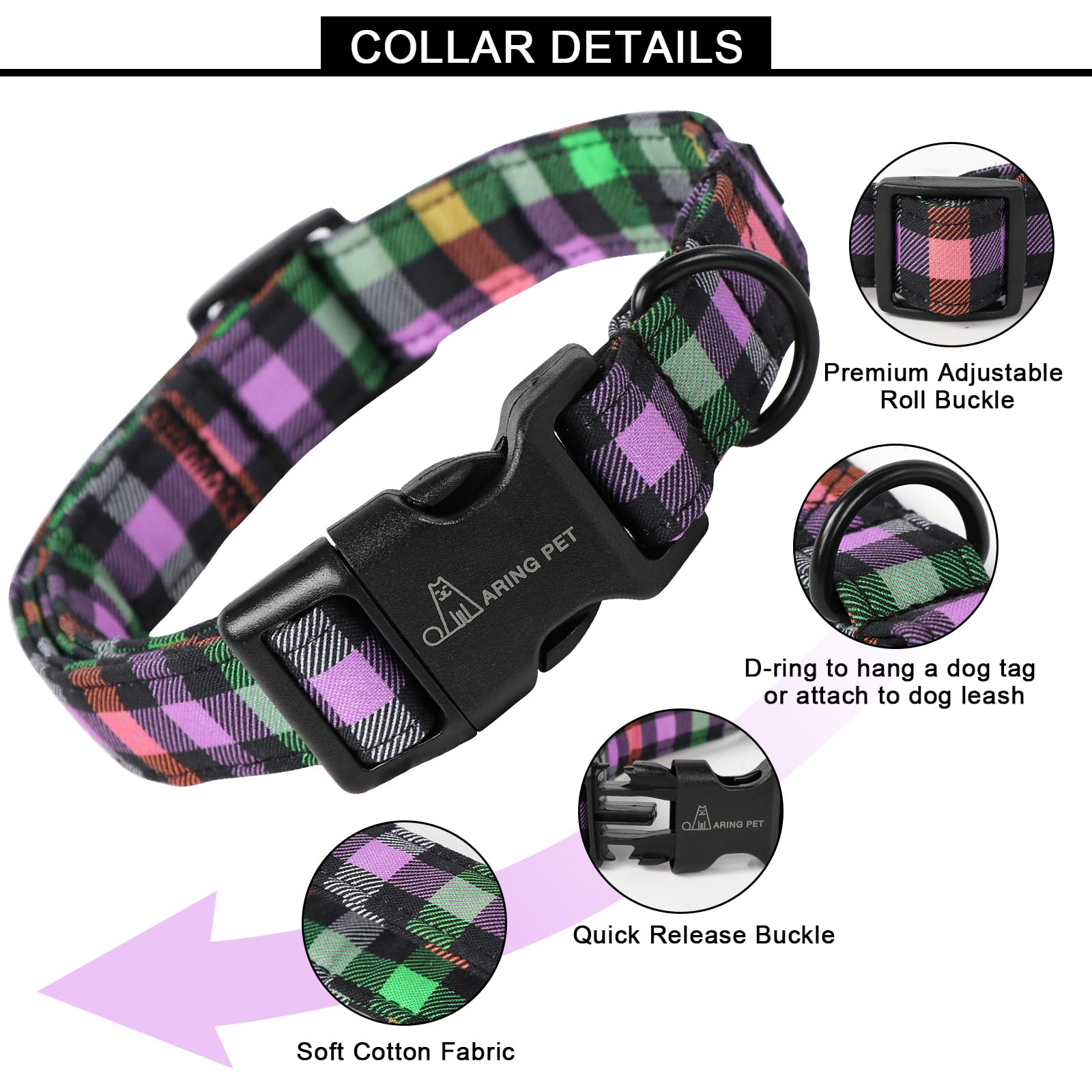 Aring Pet Halloween Dog Collar-Cotton Lightweight Dog Collars, Adjustable Halloween Plaid Pet Collar Puppy Collars With Quick Release Buckle For Girl&Boy Dogs