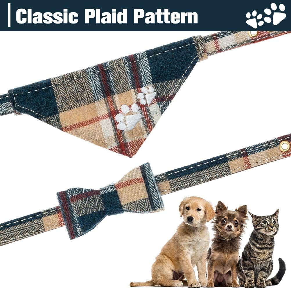 Expawlorer Dog Collar And Leash Set - Embroidery Pawprints Plaid Dog Collar And Dog Leash Set, Bow Tie And Bandana Dog Collar Wi