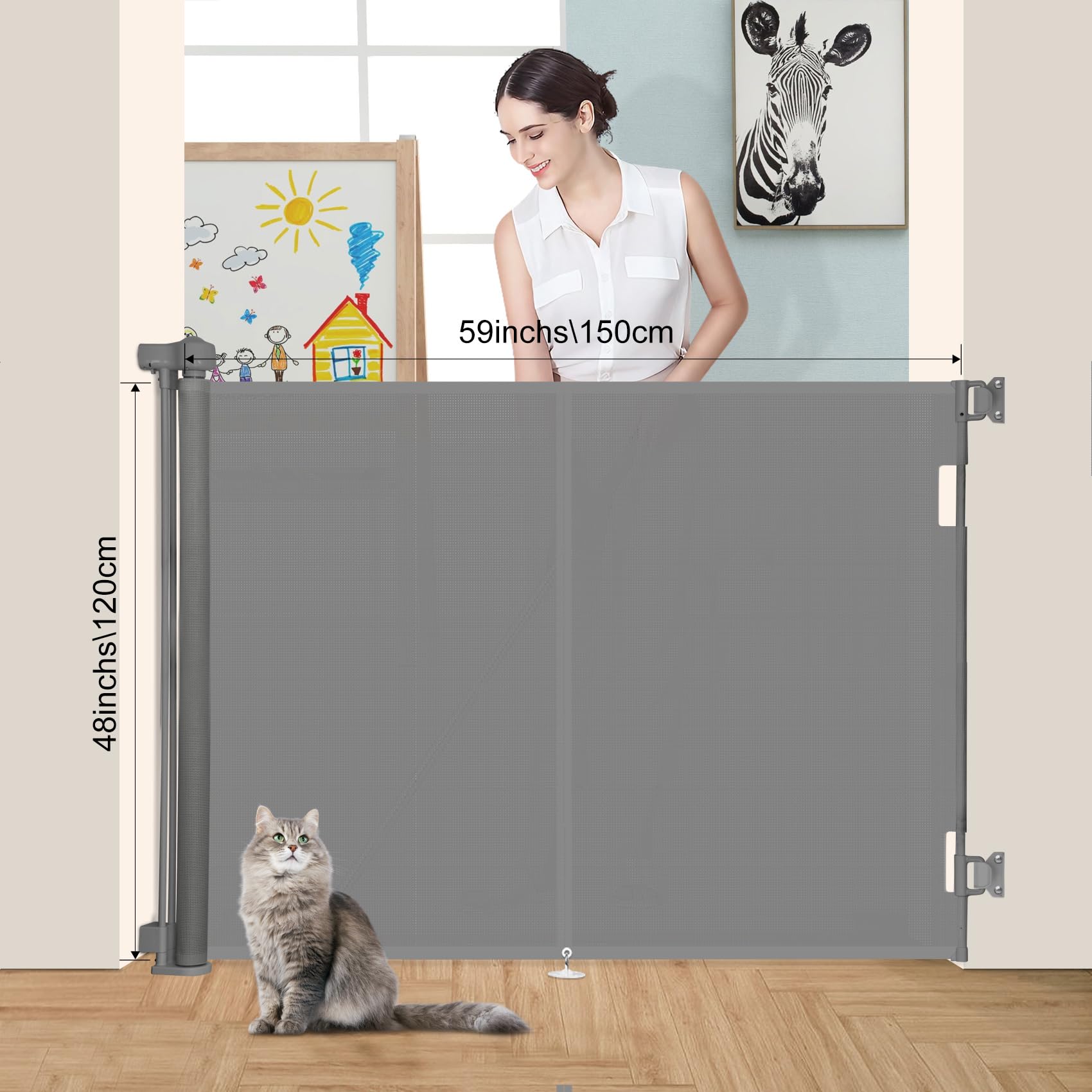 Miumoon Upgrade 59' Retractable Baby Gates With Reinforced Strip Design To Prevent Crawling Through, 48' Tall Retractable Gate For Baby And Pet, 5 Ft Baby Gates For Stairs, Doorways, Hallways(Gray)