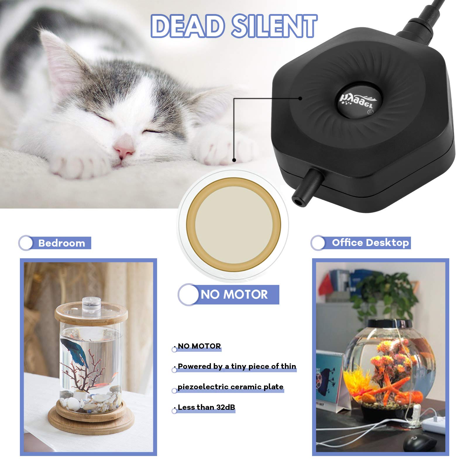 Hygger Quiet Mini Small Aquarium Air Pump Betta Fish Tank Bubbler Oxygen Aeration Pump With Air Stone Tubing Suction Cup For 0.5-15 Gal Fish Bowl