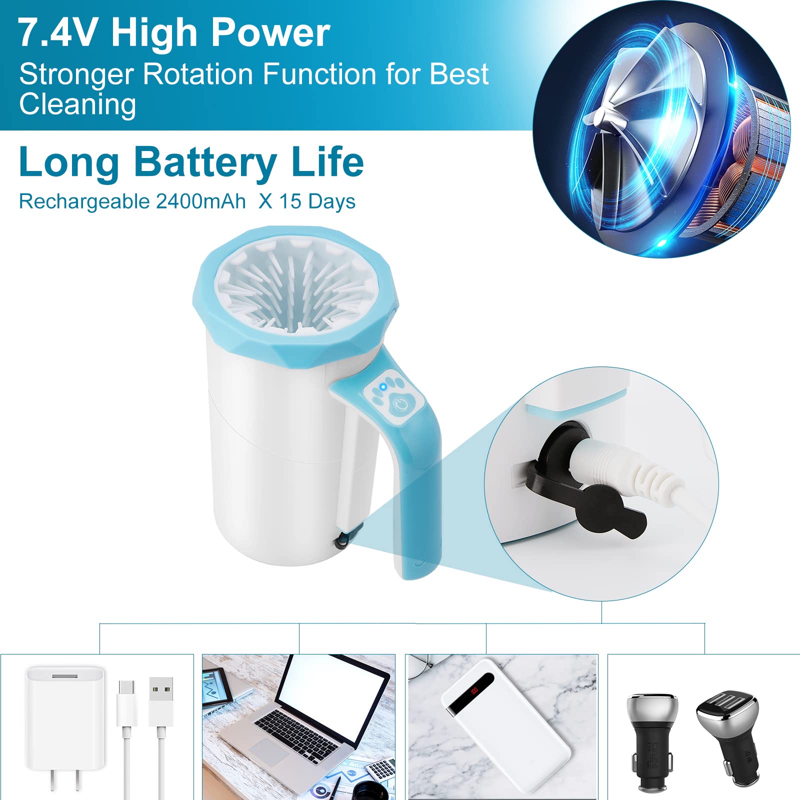 MYPIN Rechargeable Dog Paw Cleaner - 2 in 1 Portable Washer Cup, Soft Silicone Brush, High Power, Blue