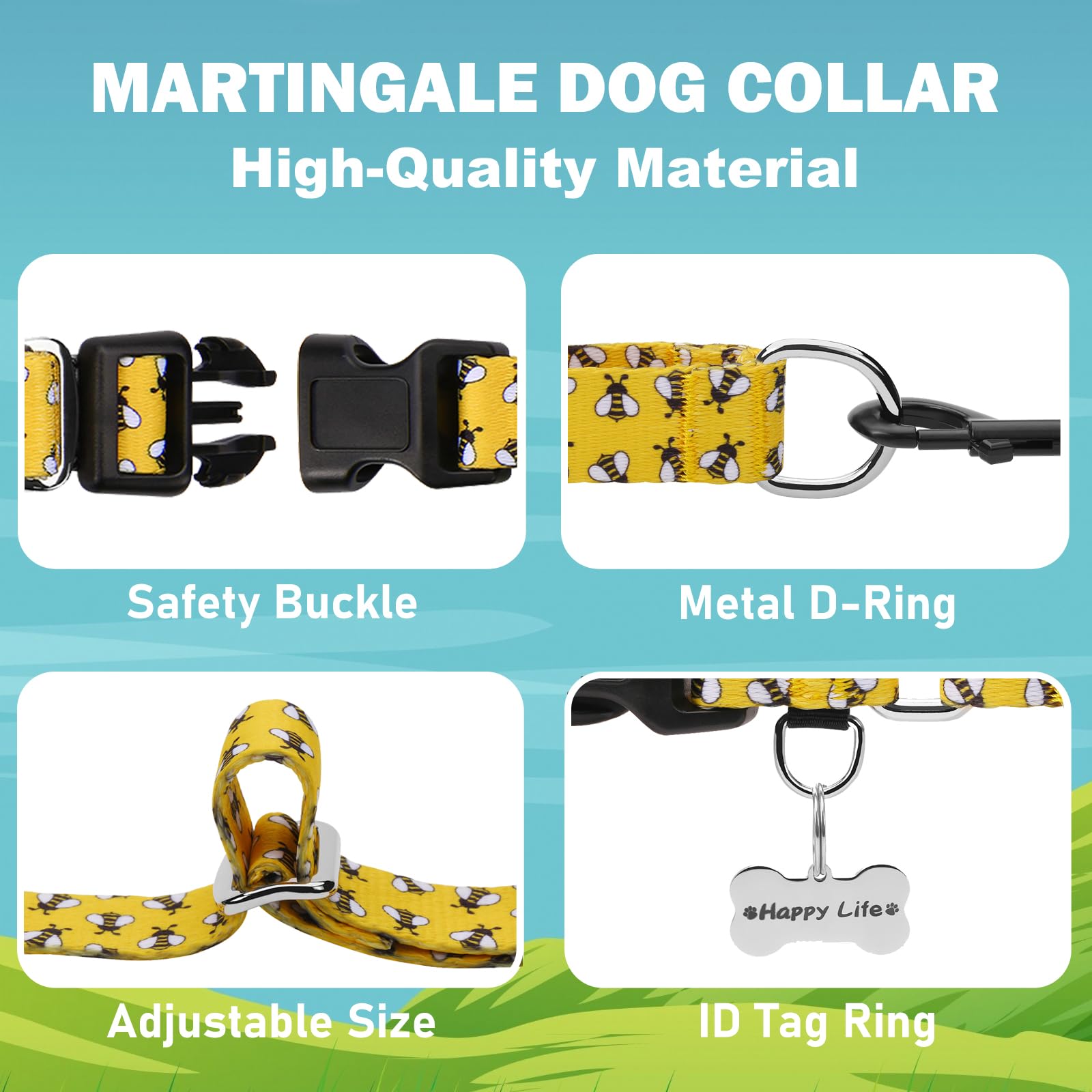 Fidohug Martingale Dog Collar With Buckle Yellow Bee Dog Collar Adjustable Cute Design Patterns (Bee, Medium)