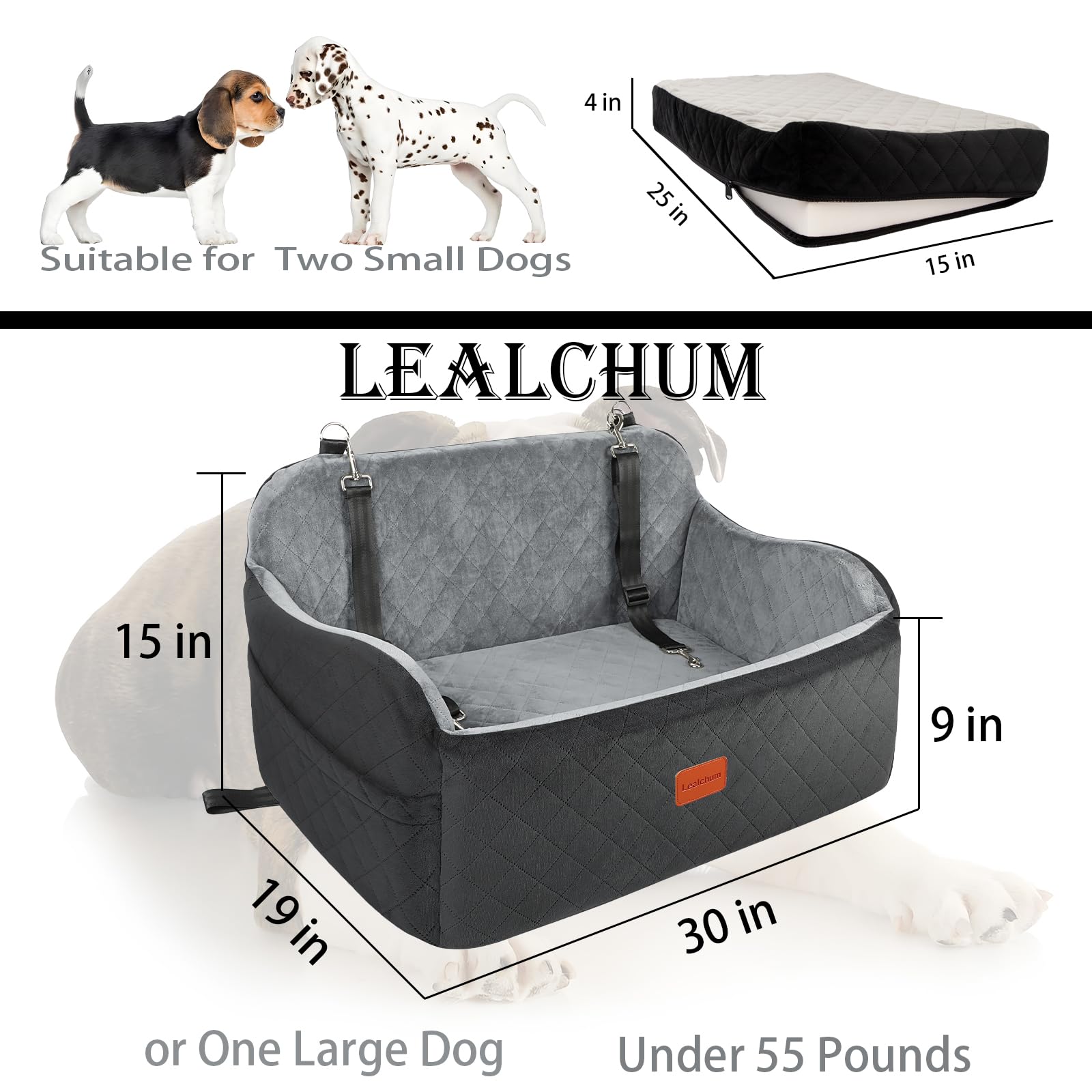 Lealchum Dog Car Seat Up to 55lb,2 Clip-On Safety Adjustable Leashs Car Dog Bed for 2 Small Dogs,Fully Detachable and Washable P