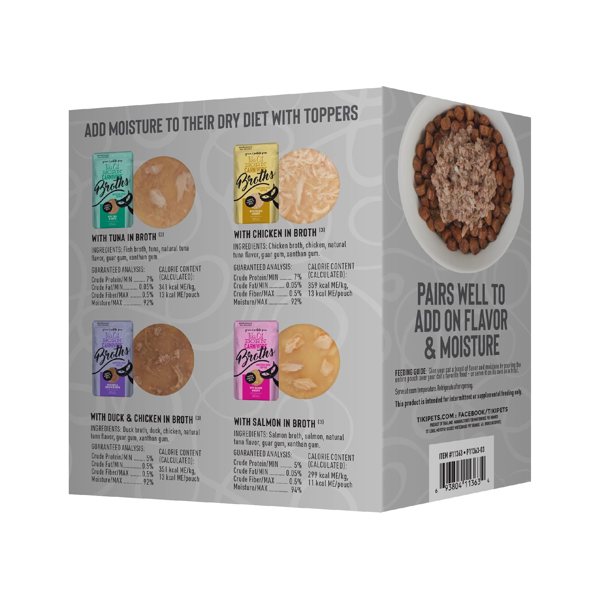 Tiki Cat Born Carnivore Broths Variety Pack, Meaty Bites, Hydration and Flavor Supplement Wet Cat Food Topper, 1.3 oz. Pouch (Pa