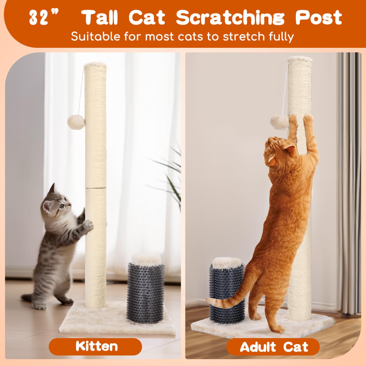 Nobleza 32    Tall Cat Scratch Post With Self Massage Brush, Natural Sisal Rope Cat Scratching Post For Indoor Cats, Stable Cat