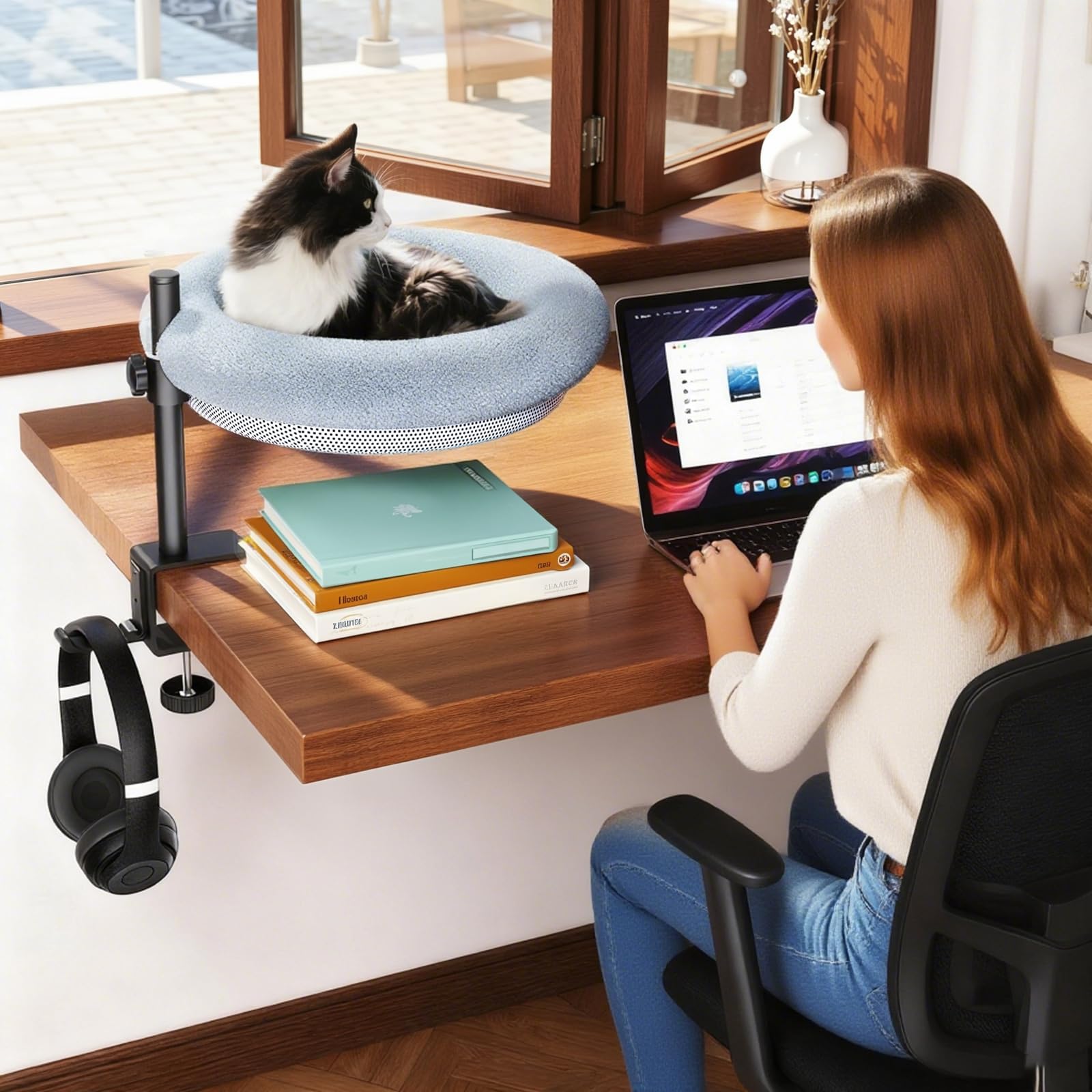 Cat Desk Bed, 360-Degree Rotating Hammock Perch, Cat Bed with Height Adjustable, Machine Washable, Gray